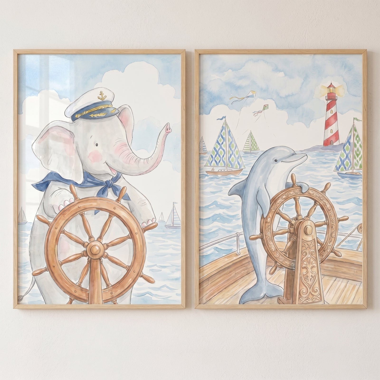 Watercolor steering nautical animal wall art set of 2 showing an elephant and dolphin at ship wheels near a lighthouse.