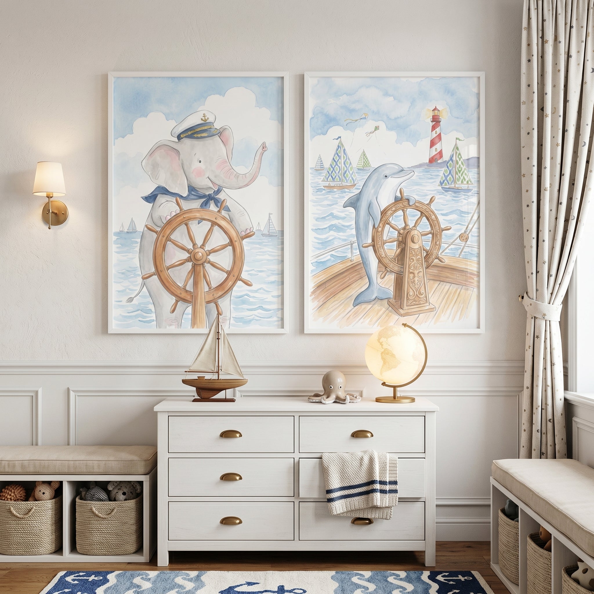 Watercolor Steering Nautical Animal Wall Art Set of 2 - Seafaring Friends