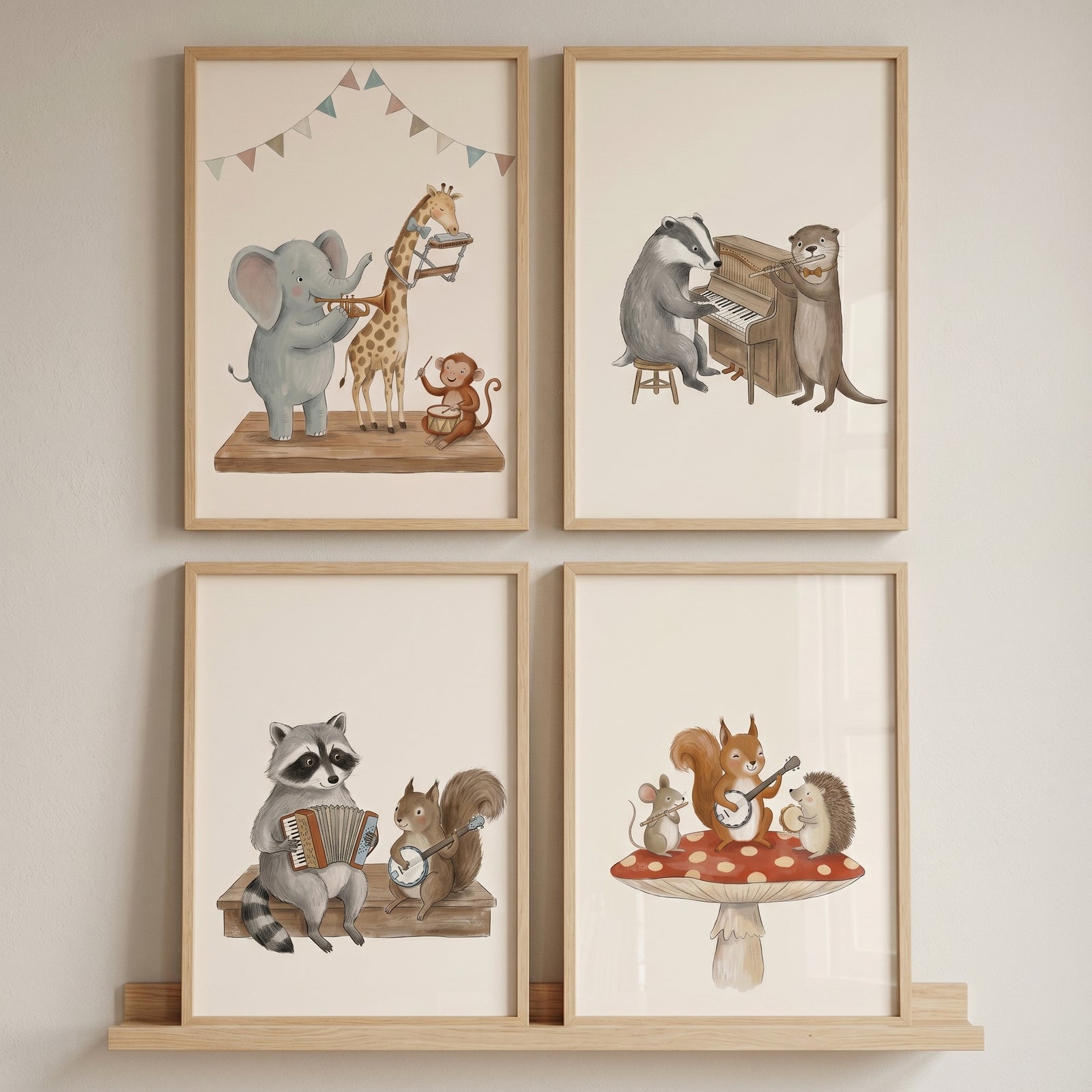 Watercolor storybook musical animals wall art set of 4 featuring various animals playing instruments in wooden frames.