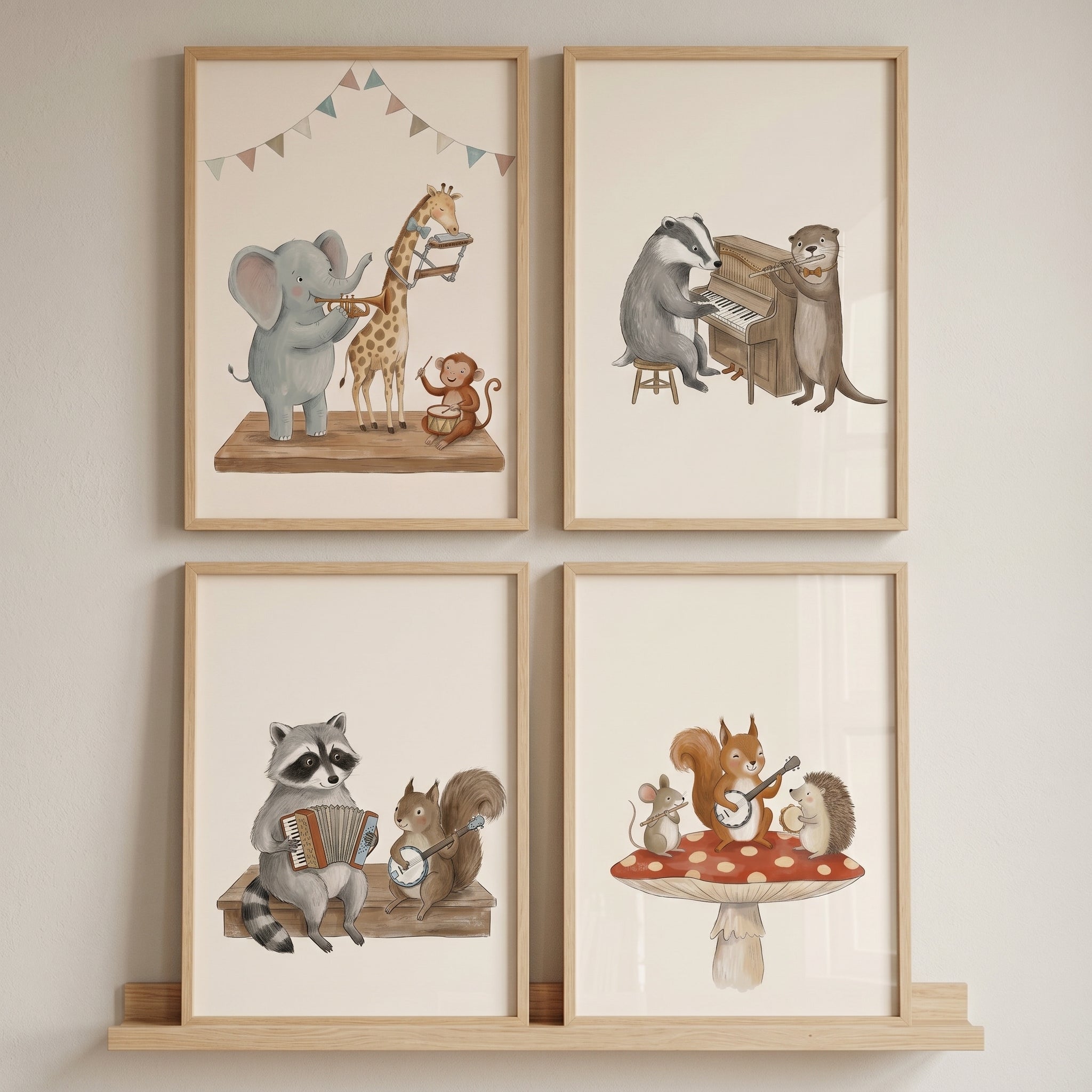 Watercolor Storybook Musical Animals Wall Art Set Of 4 - Whimsical Forest Band