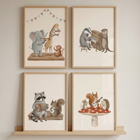 Watercolor storybook musical animals wall art set of 4 featuring various animals playing instruments in wooden frames.