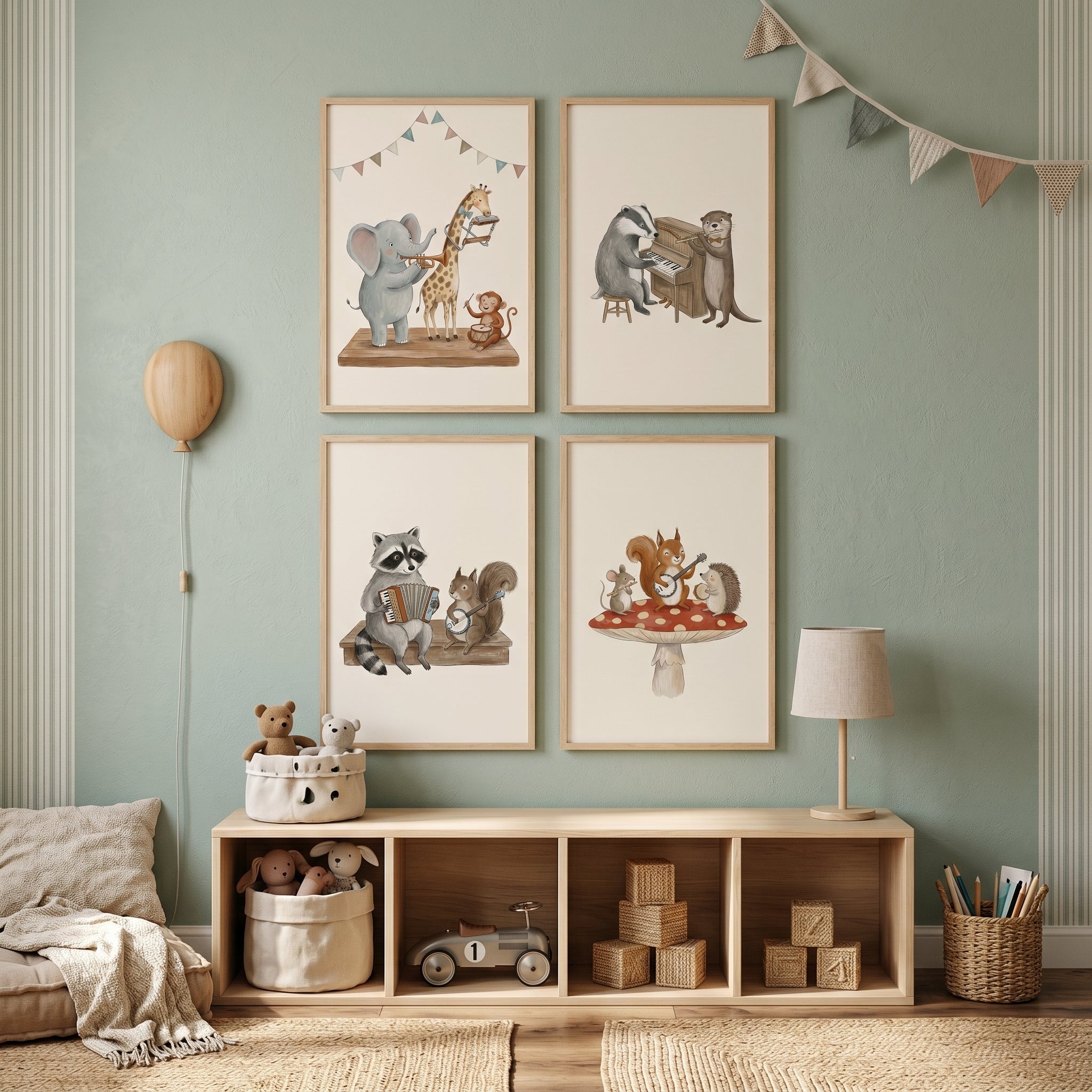 Watercolor Storybook Musical Animals Wall Art Set Of 4 - Whimsical Forest Band