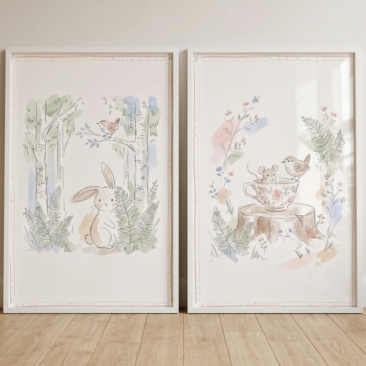 Watercolor Storybook Woodland Animal Wall Art Set of 2 - Teacup Meadow Tale