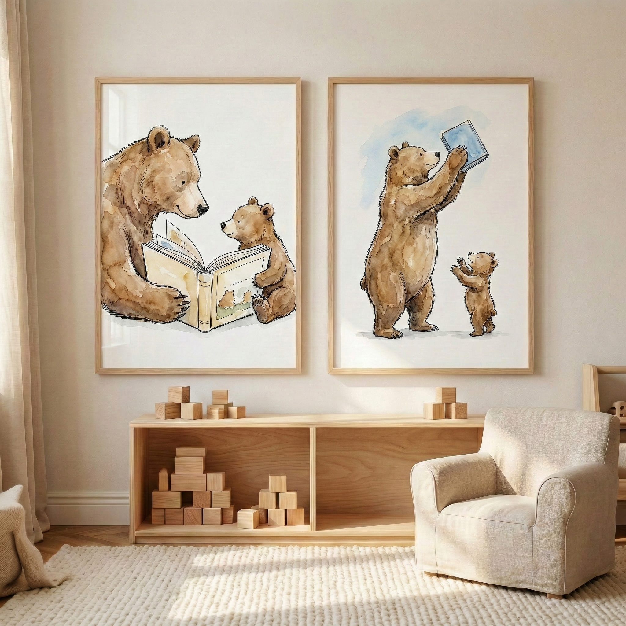 Watercolor Storytime Bears Wall Art Set of 2 - Bear Story Time