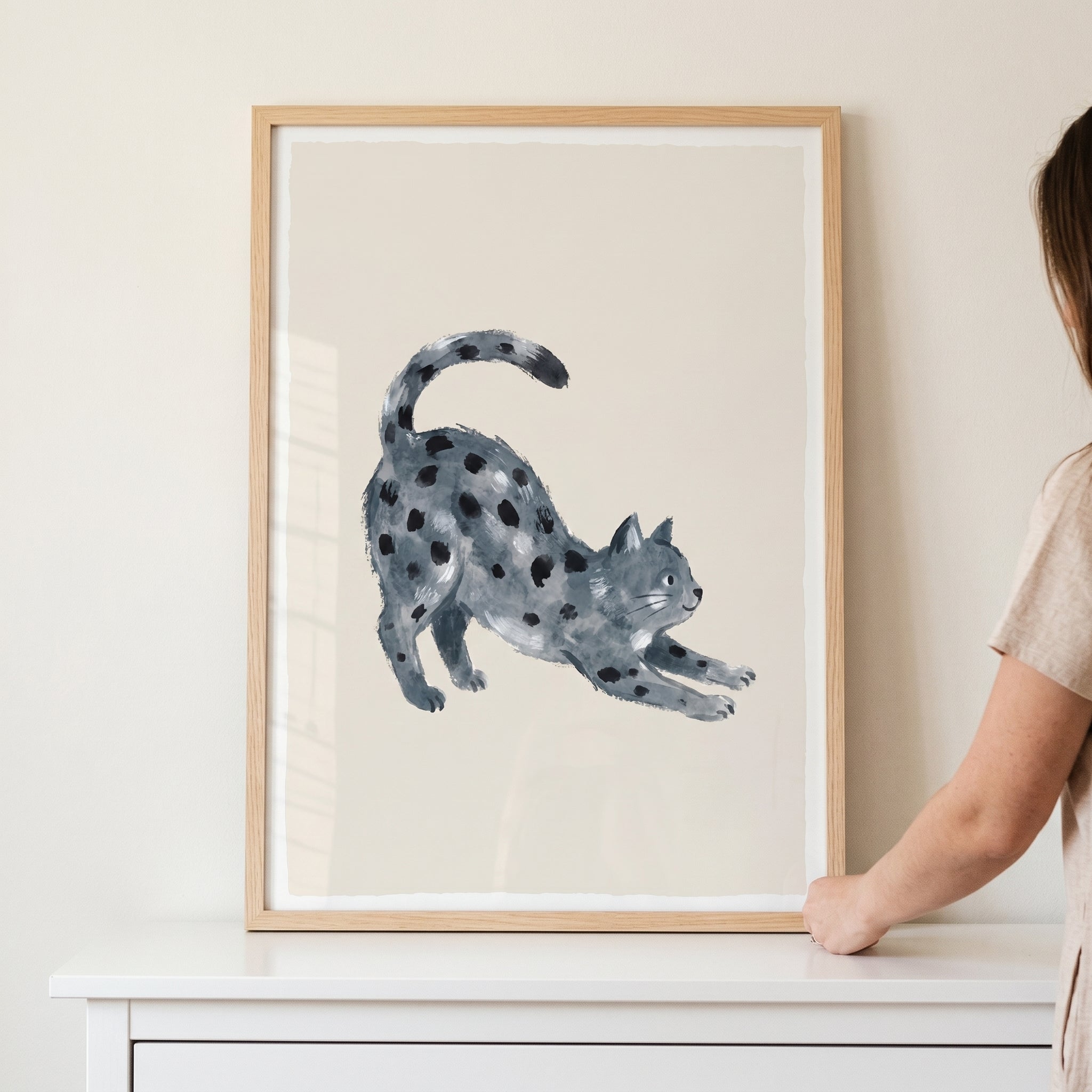 Watercolor Stretching Spotted Cat Wall Art - Spotted Feline Stretch