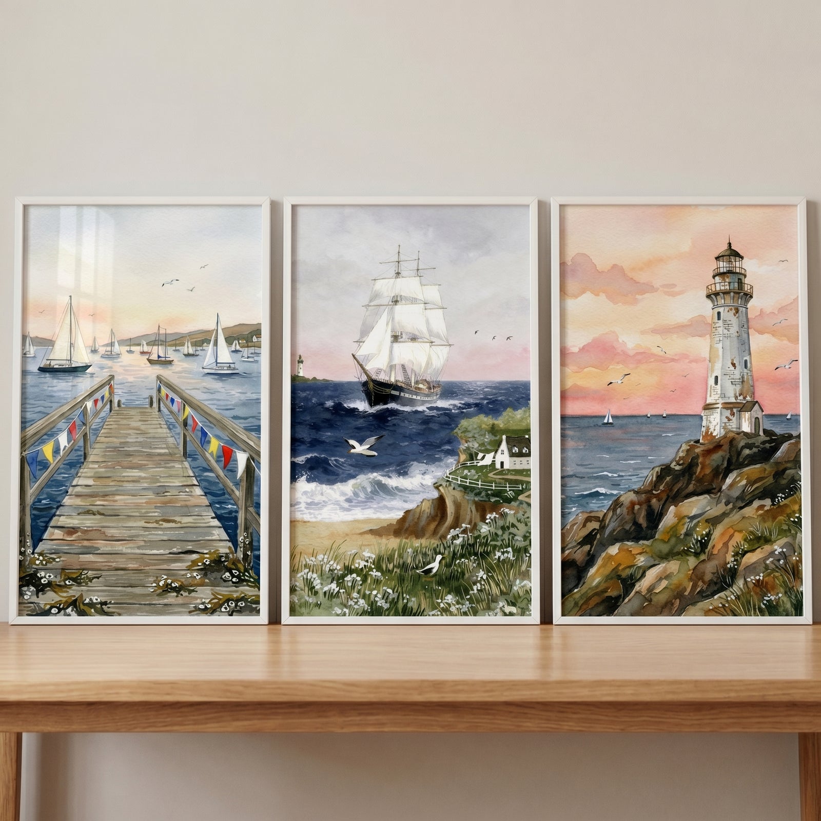 Watercolor sunset coastal landscape wall art set of 3 featuring a wooden pier, a sailing ship, and a rocky lighthouse.