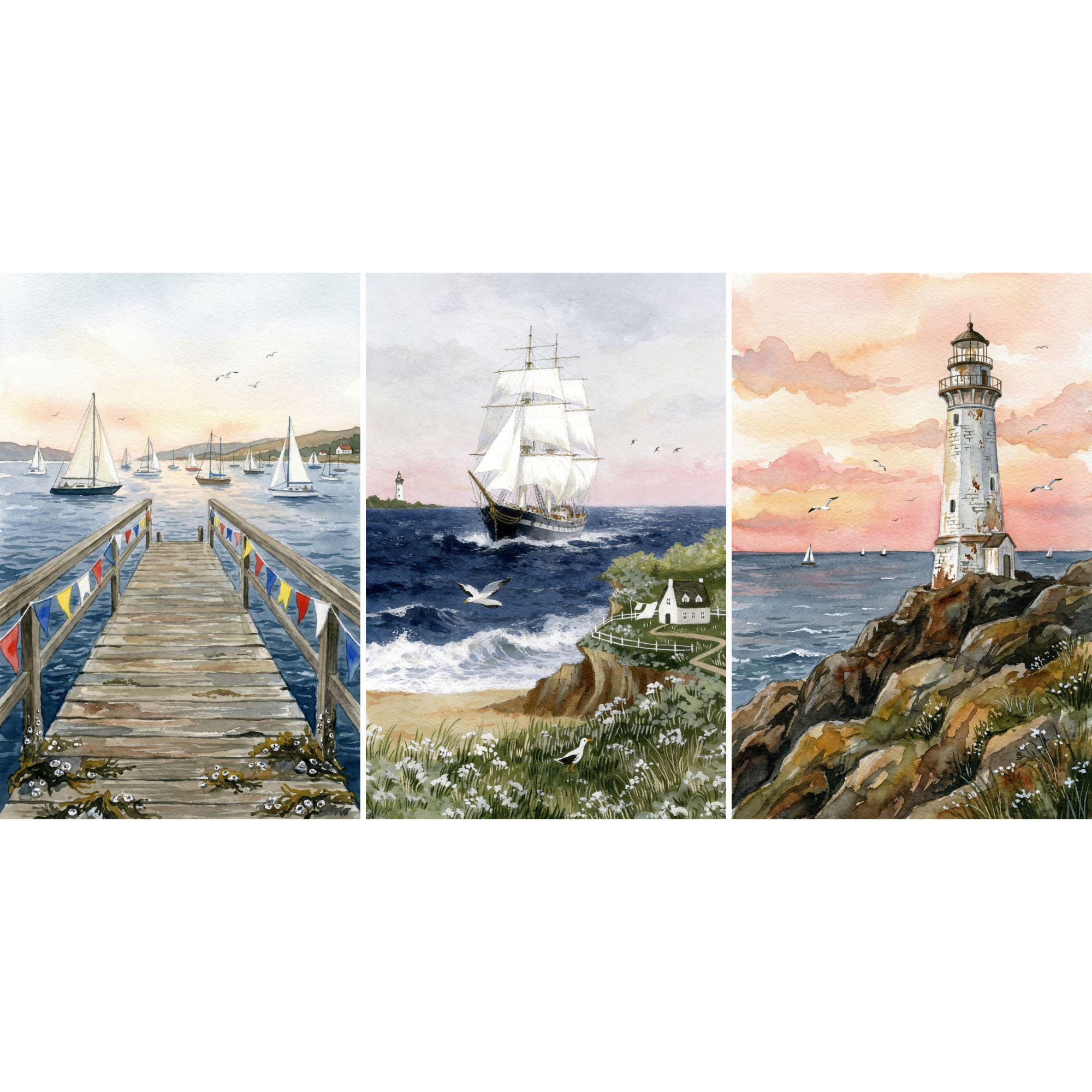 Watercolor Sunset Coastal Landscape Wall Art Set of 3 - Coastal Serenity