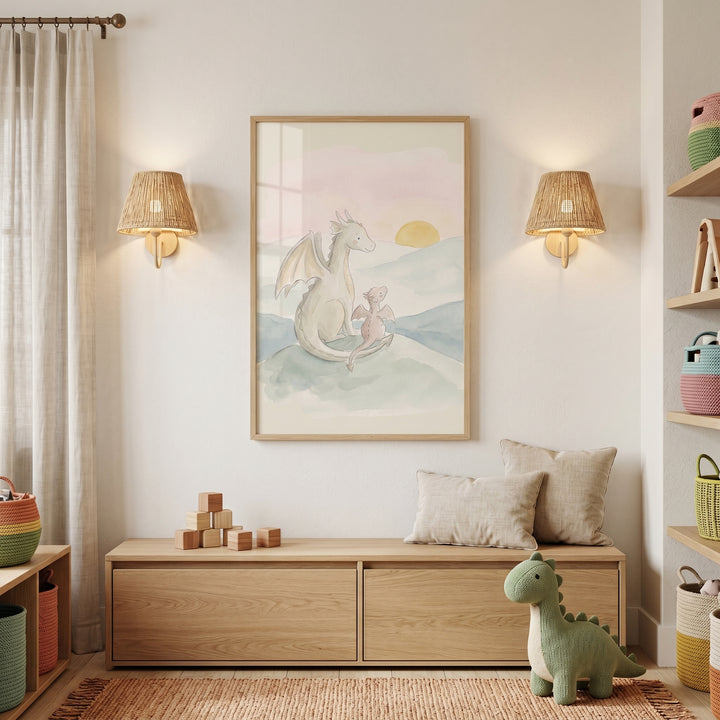 Nursery with watercolor sunset dragon wall art, woven wall sconces, a wooden bench, and a green dinosaur toy.