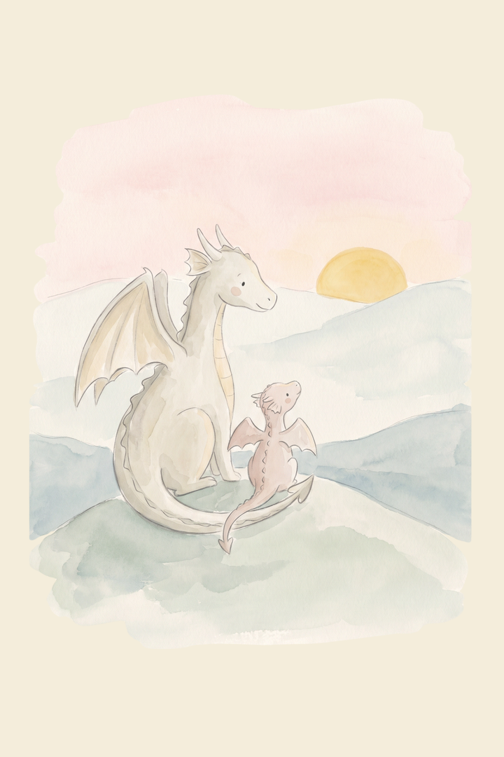 A large and small dragon sit on a hill watching the sun set in this watercolor sunset dragon wall art.