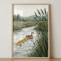 A serene watercolor-style illustration of a natural scene featuring a family of ducks. In the center, an adult duck with mottled brown plumage swims across a calm river. Following behind in a single file line are seven small, bright yellow ducklings. The water shows gentle ripples as they move. 
