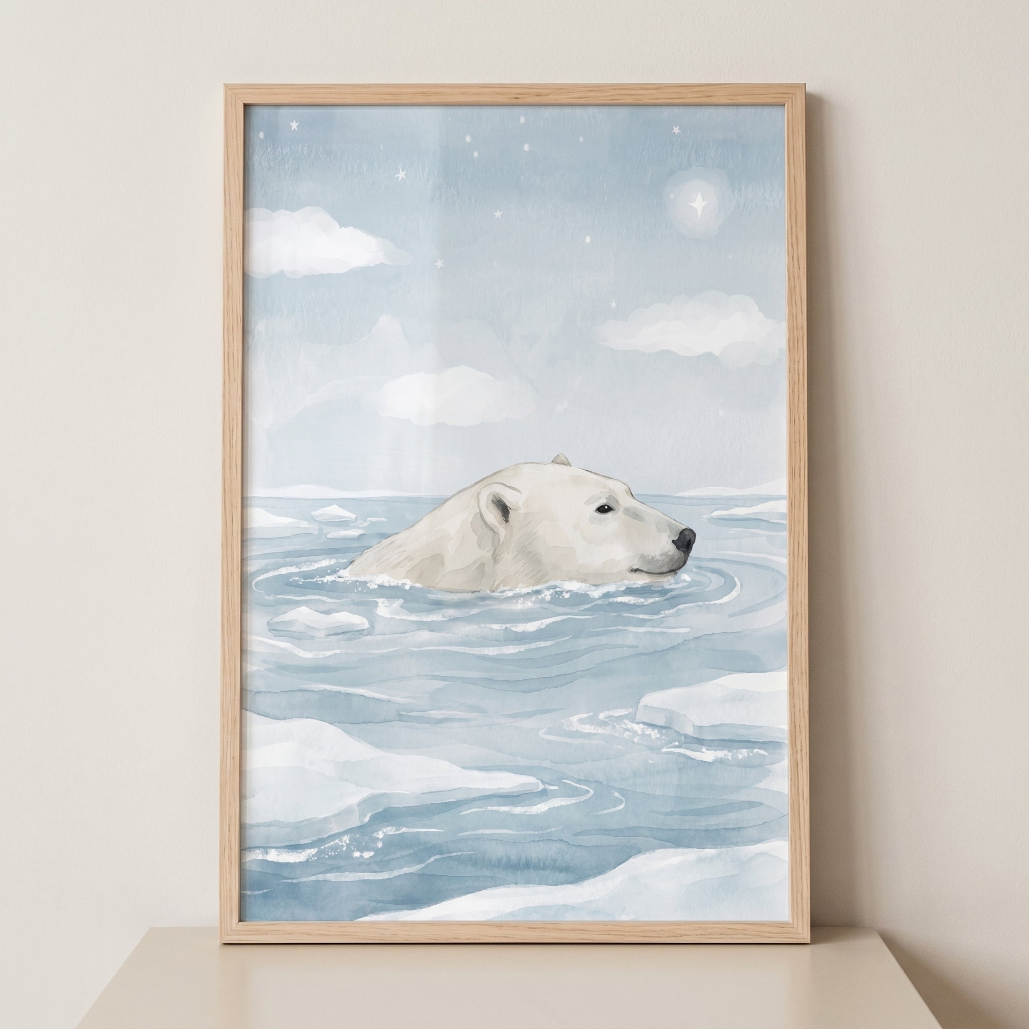 Watercolor Swimming Polar Bear Wall Art - Arctic Night Swim