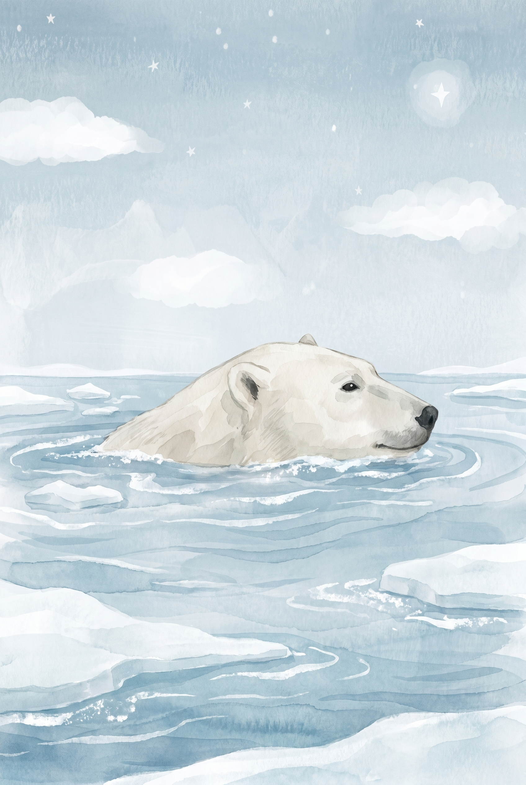 Watercolor Swimming Polar Bear Wall Art - Arctic Night Swim