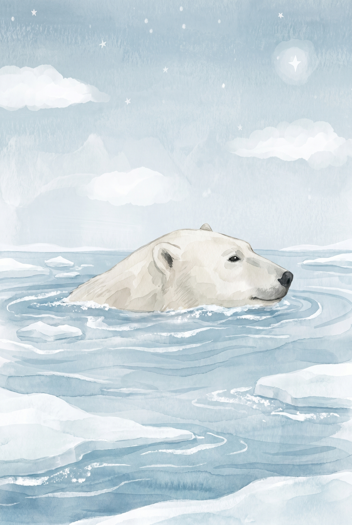 Watercolor swimming polar bear wall art shows a bear in icy blue water with floating ice under white clouds and stars.