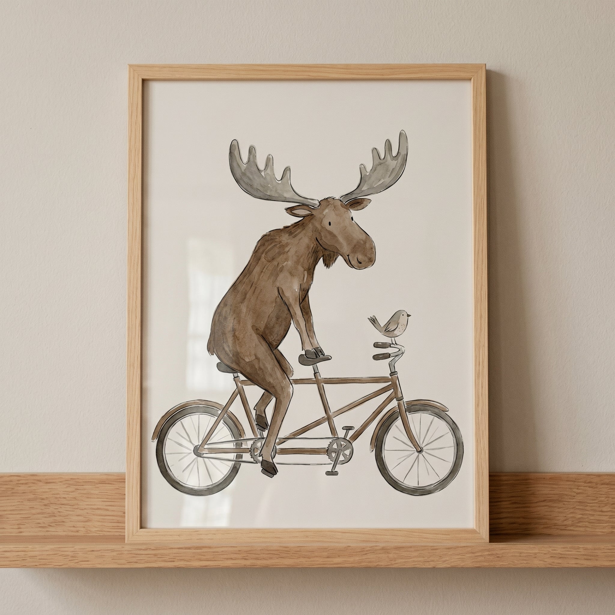 Watercolor Tandem Bike Moose Wall Art - Tandem Moose Ride