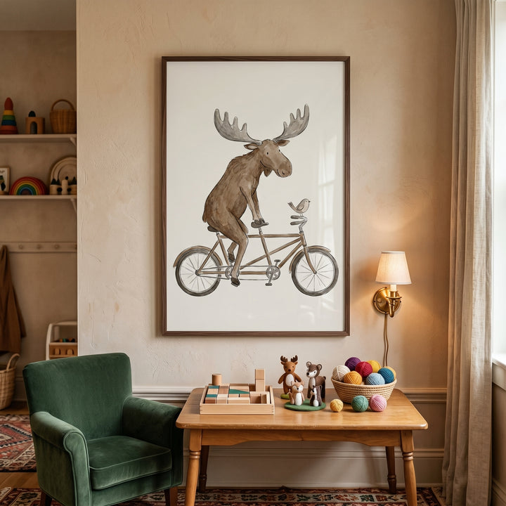 Watercolor tandem bike moose wall art above a wooden table with toys and a green velvet chair in a playroom.