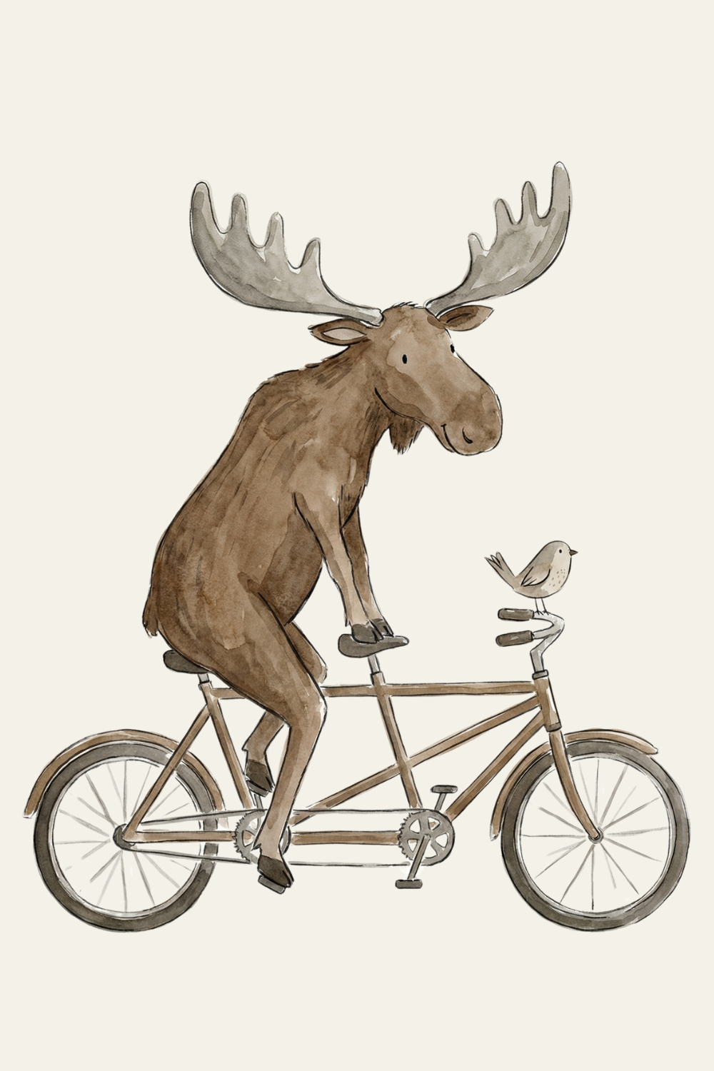 Watercolor Tandem Bike Moose Wall Art - Tandem Moose Ride