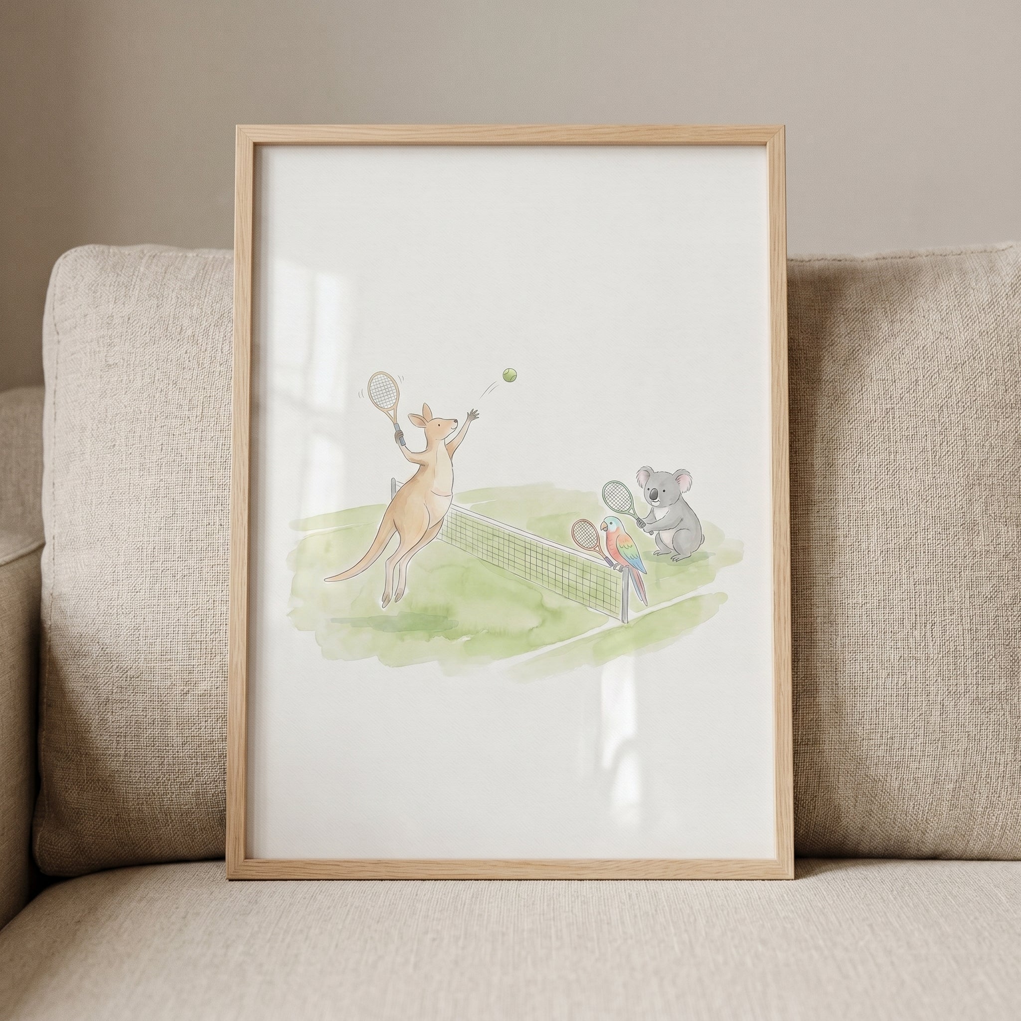 Watercolor Tennis Animals Wall Art - Outback Tennis Match