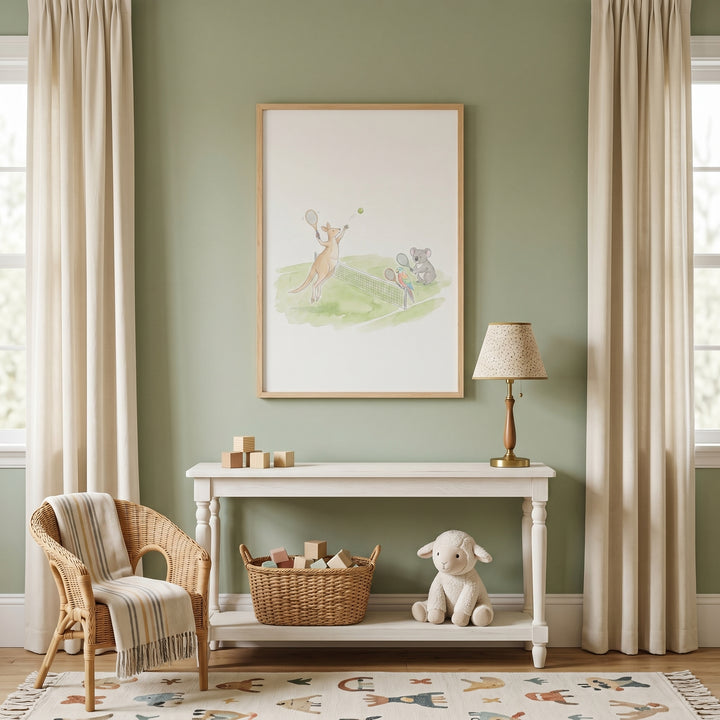 Watercolor tennis animals wall art hangs above a white console table in a soft green nursery with a wicker chair.
