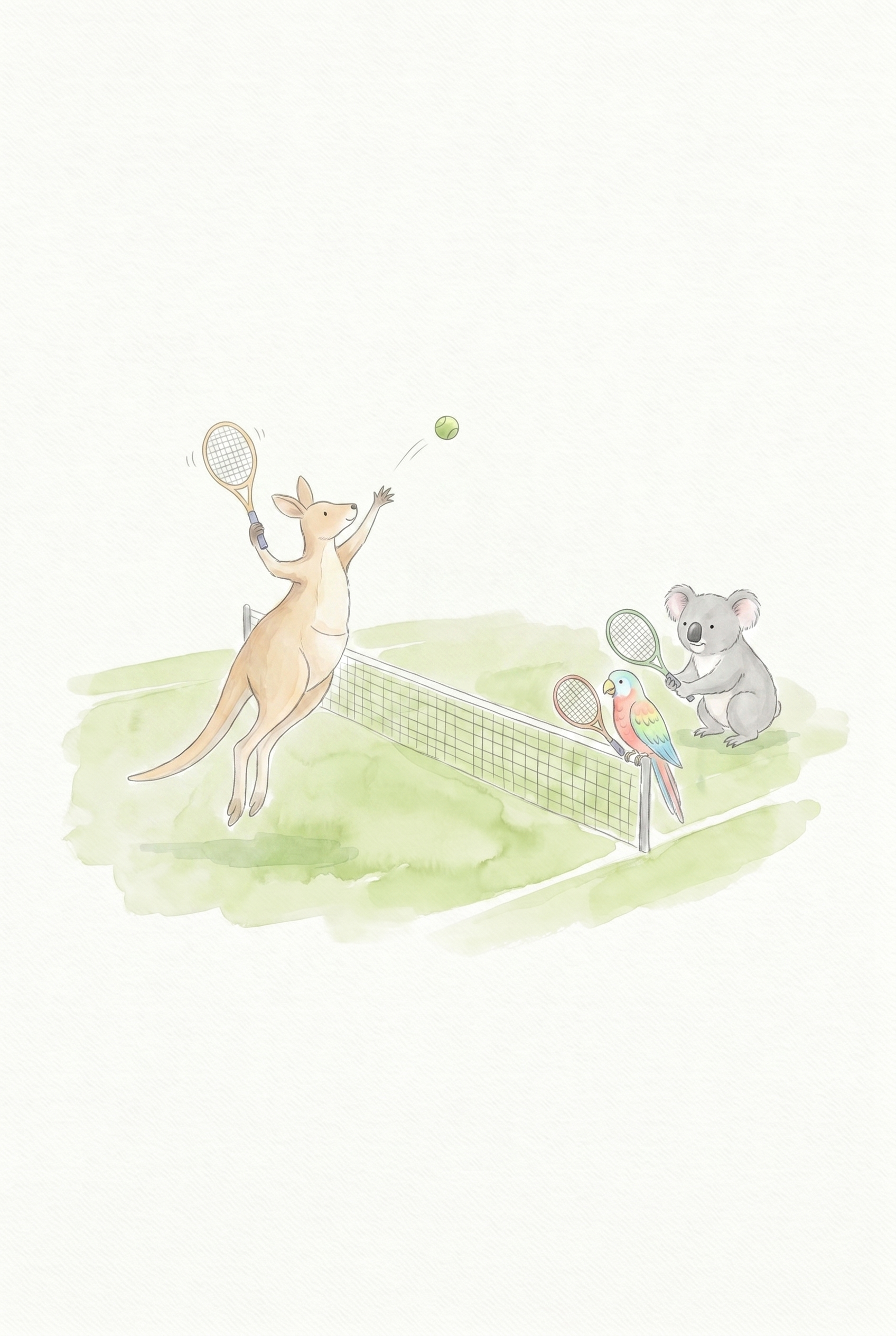 Watercolor Tennis Animals Wall Art - Outback Tennis Match
