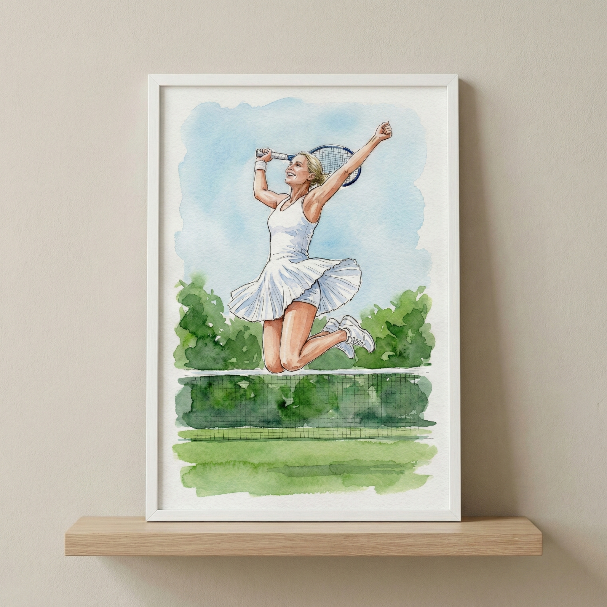 A framed watercolor illustration of a female tennis player jumping joyfully in mid-air. She wears a classic white athletic dress and white sneakers, holding a tennis racket aloft in celebration. The background features a soft wash of light blue sky, green trees, a tennis net, and a green court surface. The artwork is presented in a white frame, resting on a light-colored wooden shelf against a neutral beige wall.
