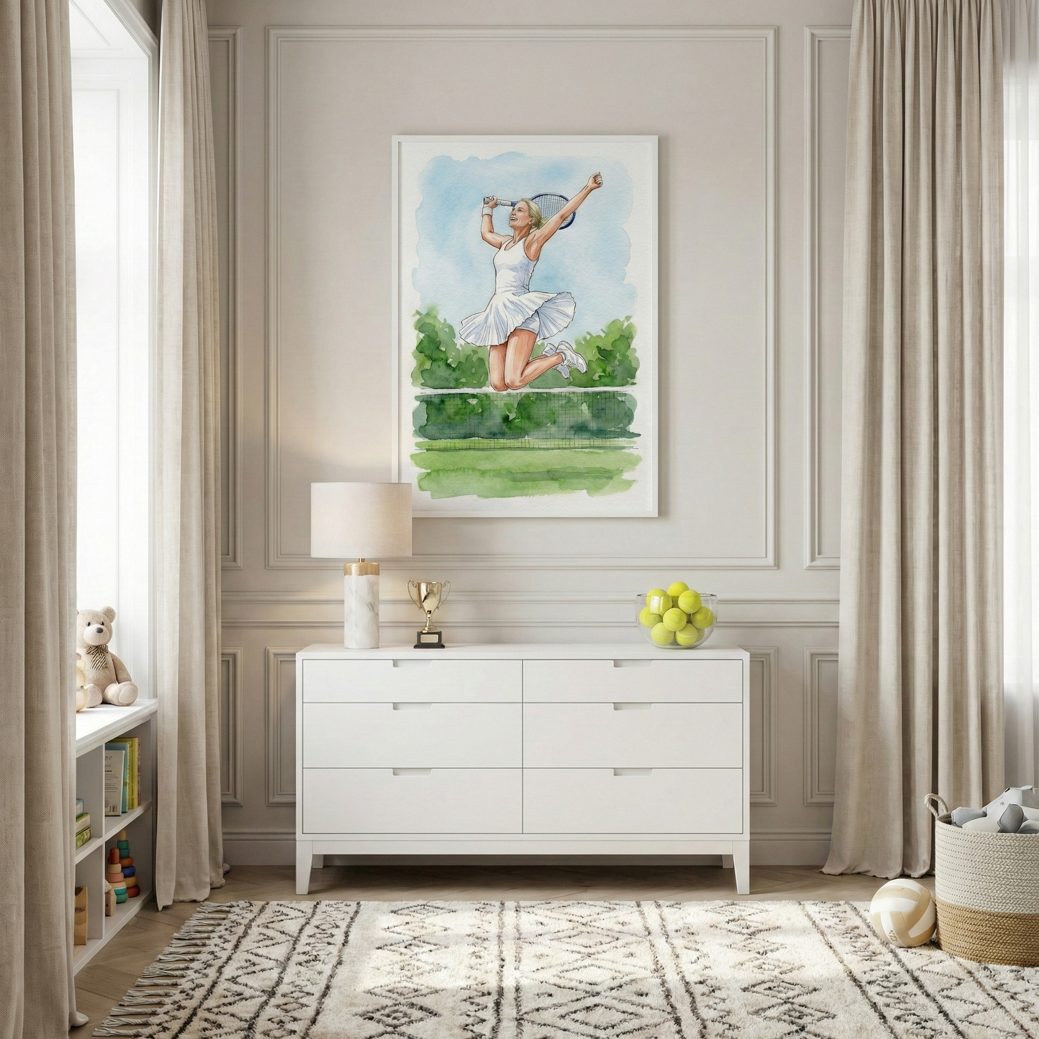 A framed watercolor art piece hangs on a paneled wall, depicting a woman in a white tennis outfit jumping on a green court against a blue sky. Below, a white dresser holds a lamp with a white shade, a small gold trophy, and a glass bowl of yellow tennis balls. The room features long neutral curtains, a window seat with a teddy bear, and a cream-colored rug with a grey geometric pattern. A woven basket sits in the corner, completing the bright and airy space.