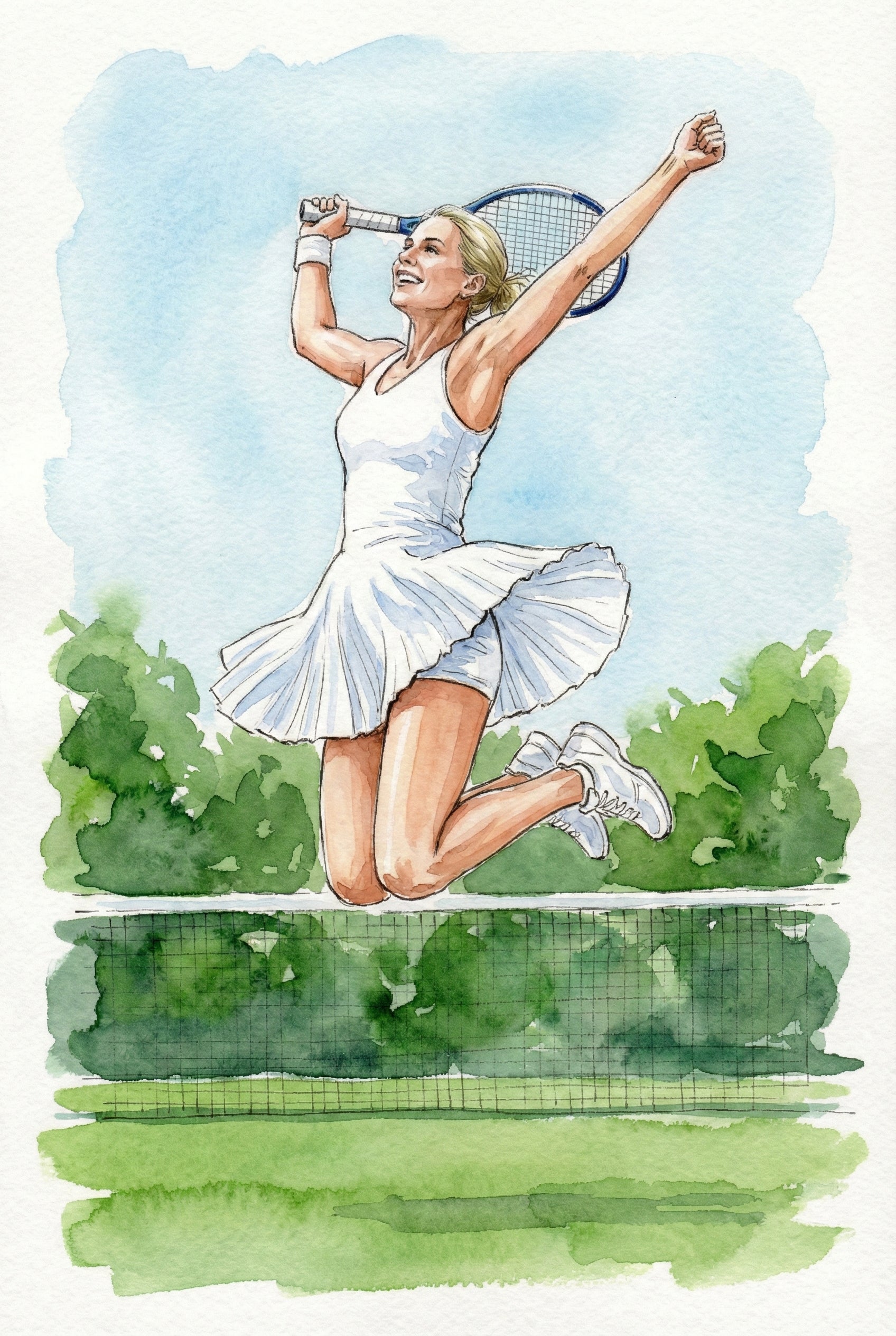 Watercolor illustration of a female tennis player celebrating mid jump above the net with her racket raised in victory. She wears a white tennis dress and sneakers, capturing the joy and triumph of winning a point.

