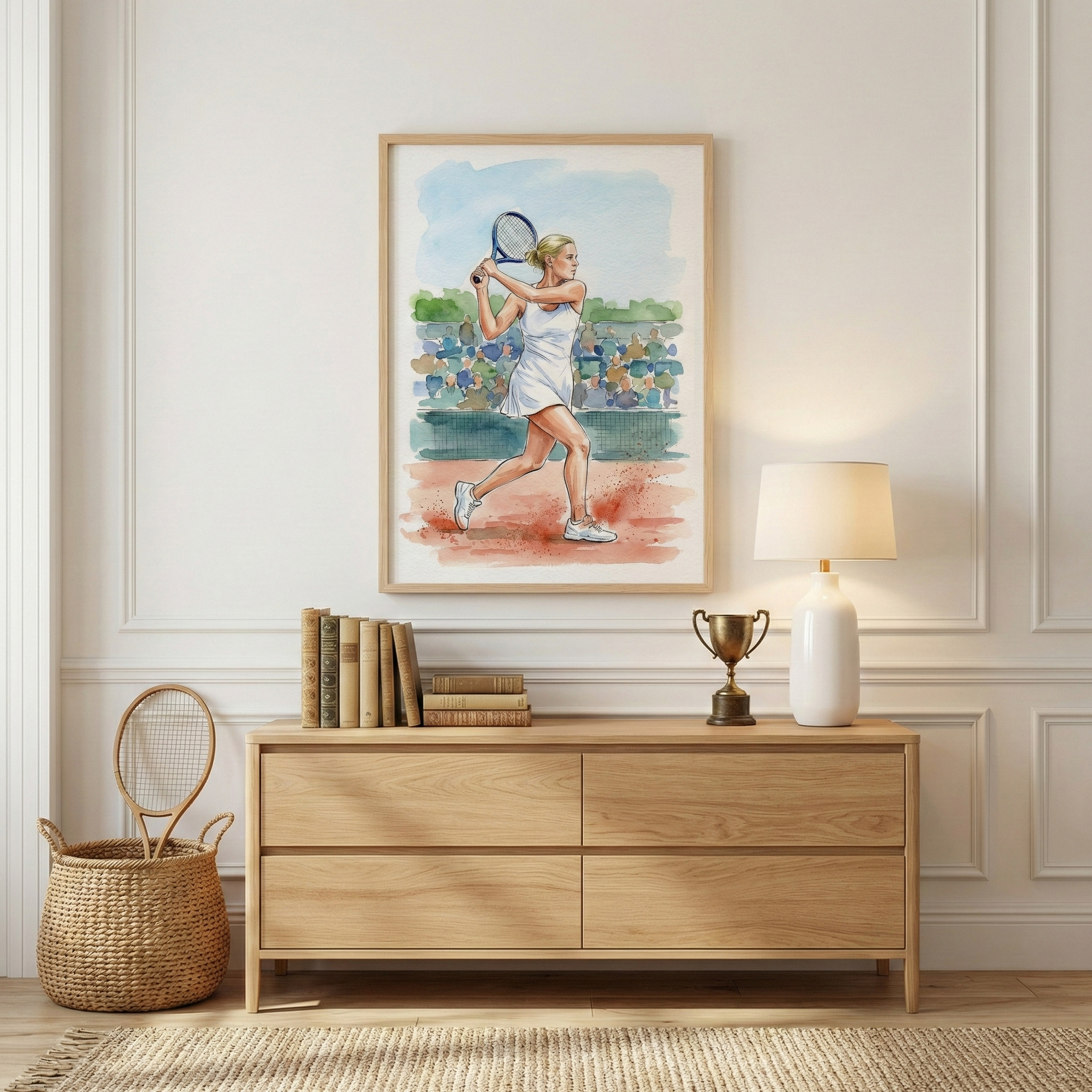 A bright, airy room features a framed watercolor illustration of a female tennis player in mid-swing on a red clay court. The artwork is centered on a classic paneled white wall above a light oak dresser. On top of the dresser sits a neat row of books, a small golden trophy, and a modern white lamp with a cream shade. To the left, a woven basket holds a vintage wooden tennis racket, resting on a textured jute rug.