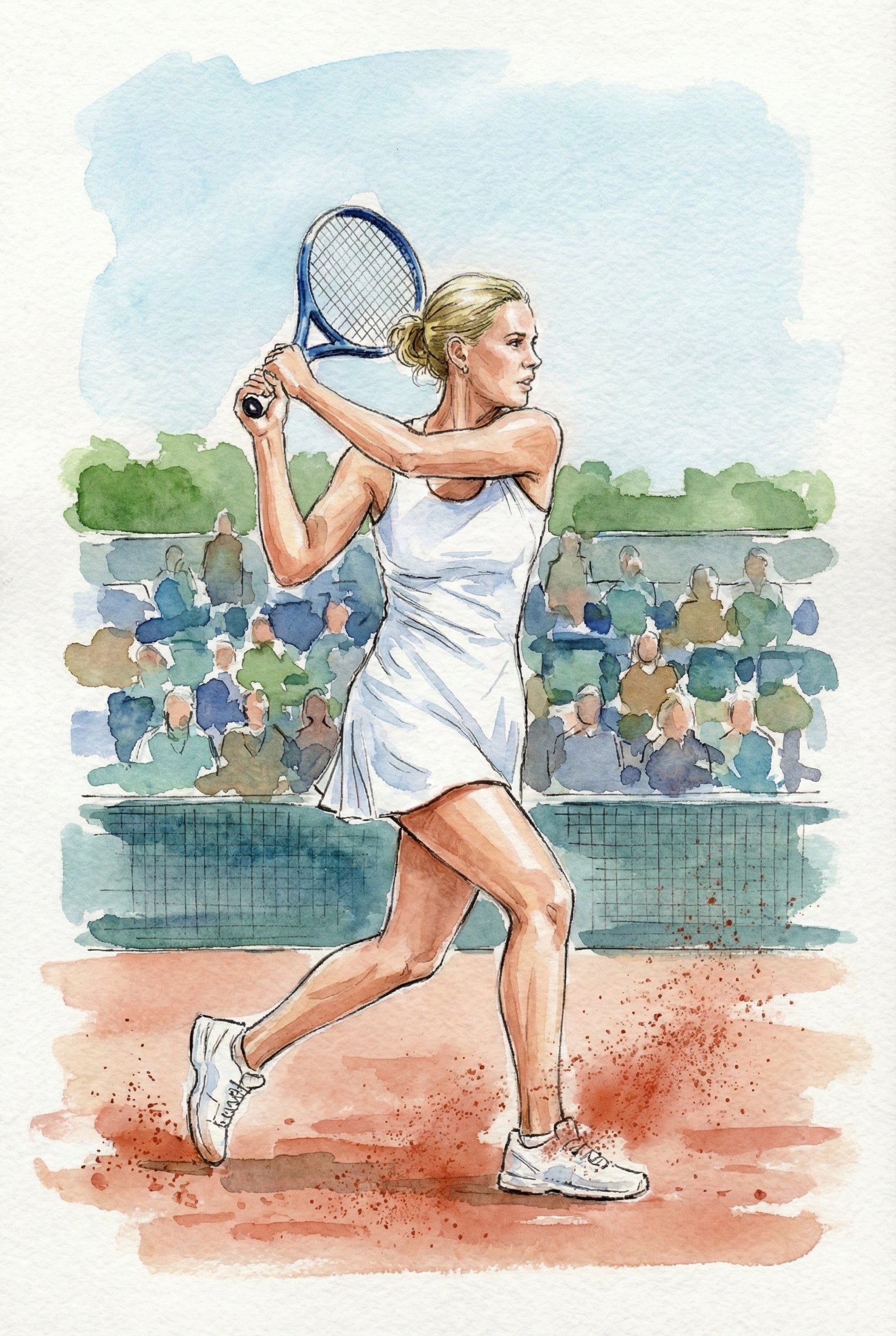 Watercolor illustration of a female tennis player swinging a backhand on a clay court with spectators in the background. She wears a white dress and white sneakers, kicking up red clay as she follows through on the shot.
