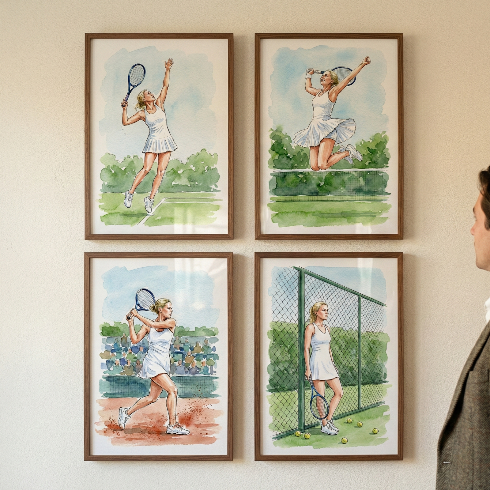 Four framed watercolor-style illustrations are arranged in a square grid on a neutral wall. Each artwork depicts a blonde woman in a white athletic dress engaged in tennis. The top-left shows her reaching up for a serve, while the top-right captures her leaping high into the air. The bottom-left depicts her swinging a racket on a court, and the bottom-right shows her standing by a chain-link fence with tennis balls nearby. A man in a brown tweed jacket is visible in profile on the right.