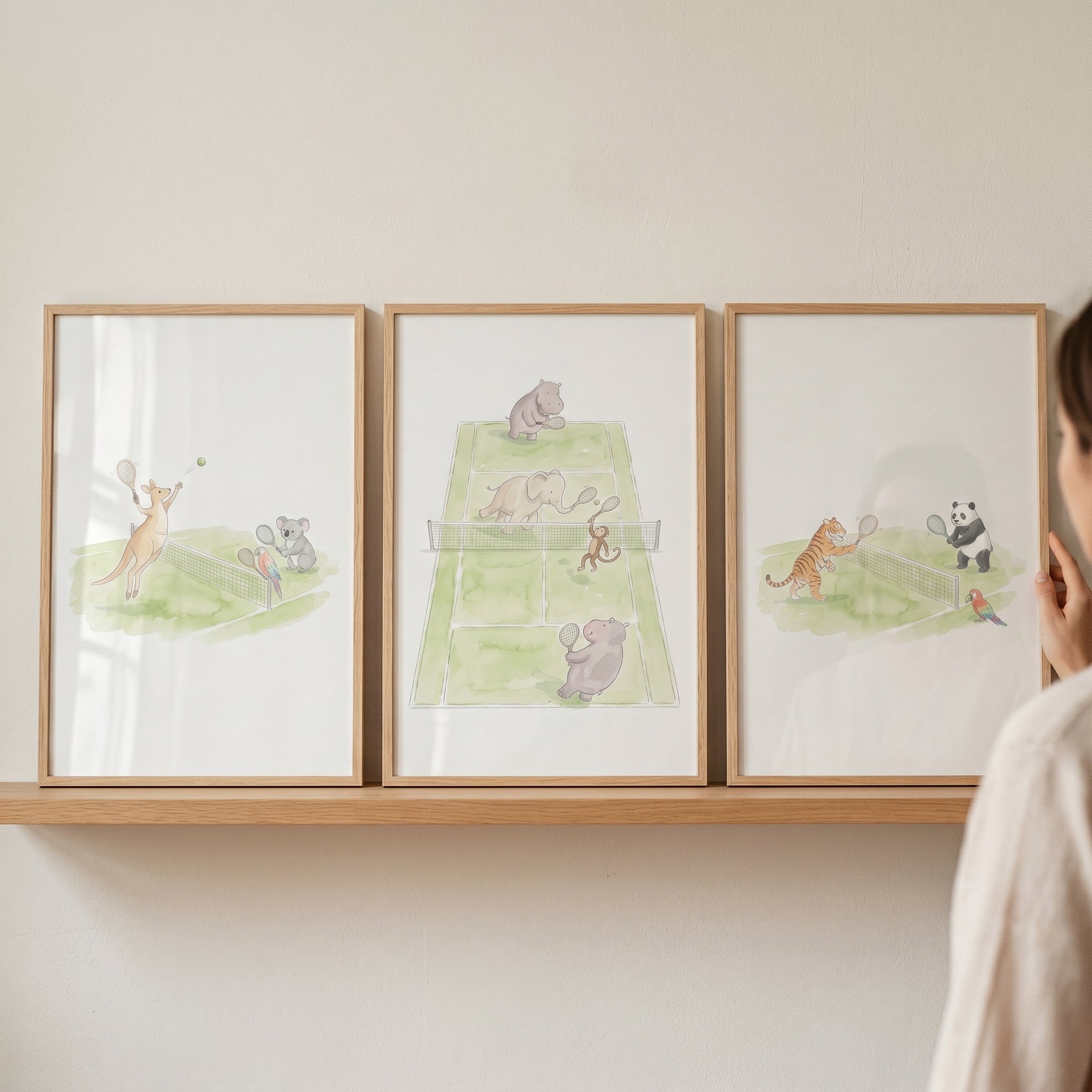 Watercolor Tennis Playing Animals Wall Art Set of 3 - Animal Tennis Match