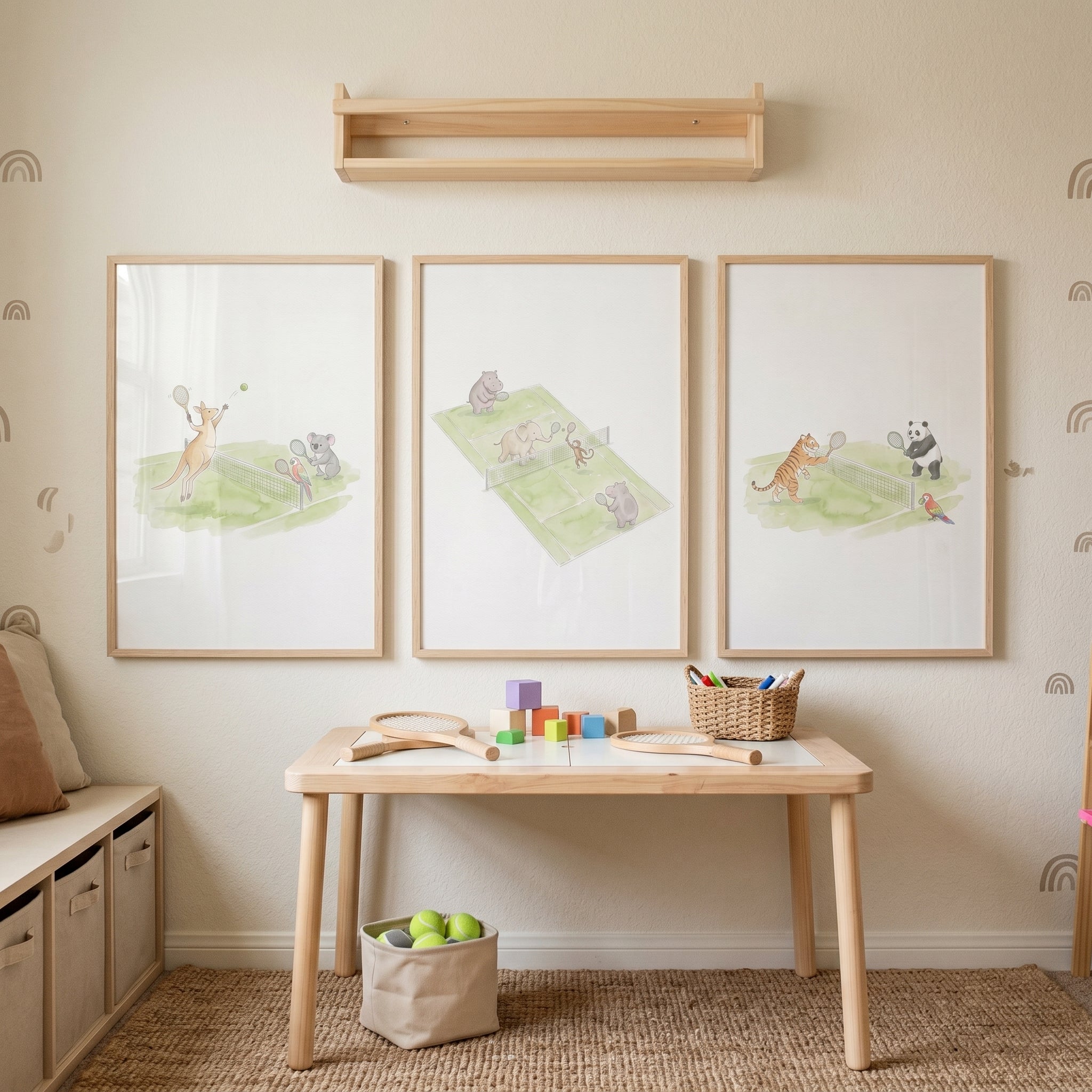 Watercolor Tennis Playing Animals Wall Art Set of 3 - Animal Tennis Match