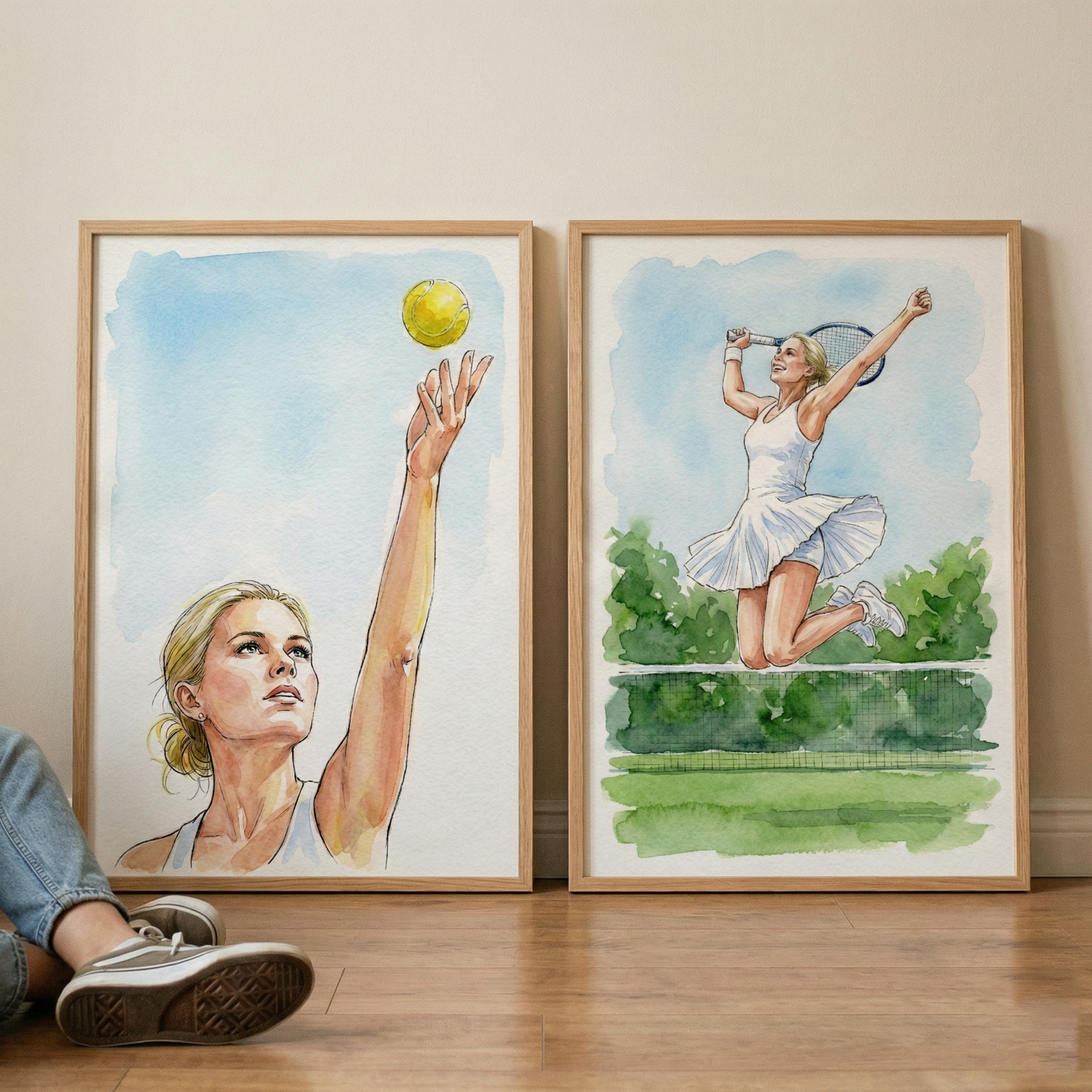 A photograph shows two framed watercolor pieces leaning against a plain wall on a wooden floor.  On the left, a framed art piece shows a close-up of a blonde female athlete in a white tank top reaching high for a bright yellow ball. Her arm is outstretched against a soft, light blue background. On the right, another framed piece shows the same athlete in a white dress, jumping into the air while holding a racket overhead. 