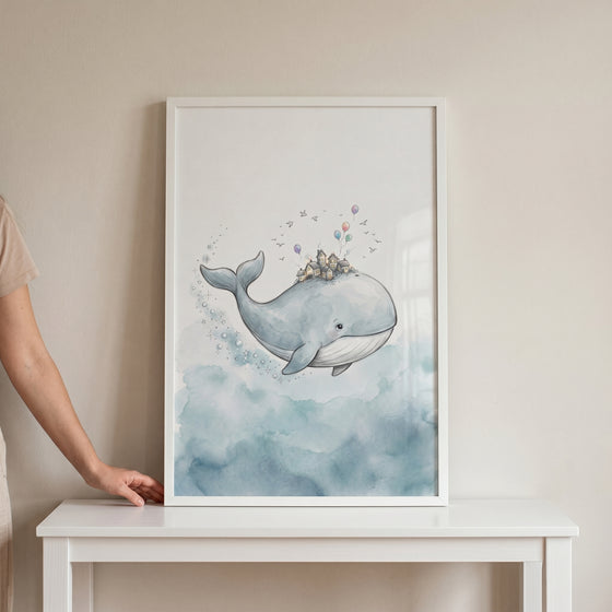 Framed watercolor tiny village whale wall art shows a blue whale carrying houses and balloons through blue clouds.