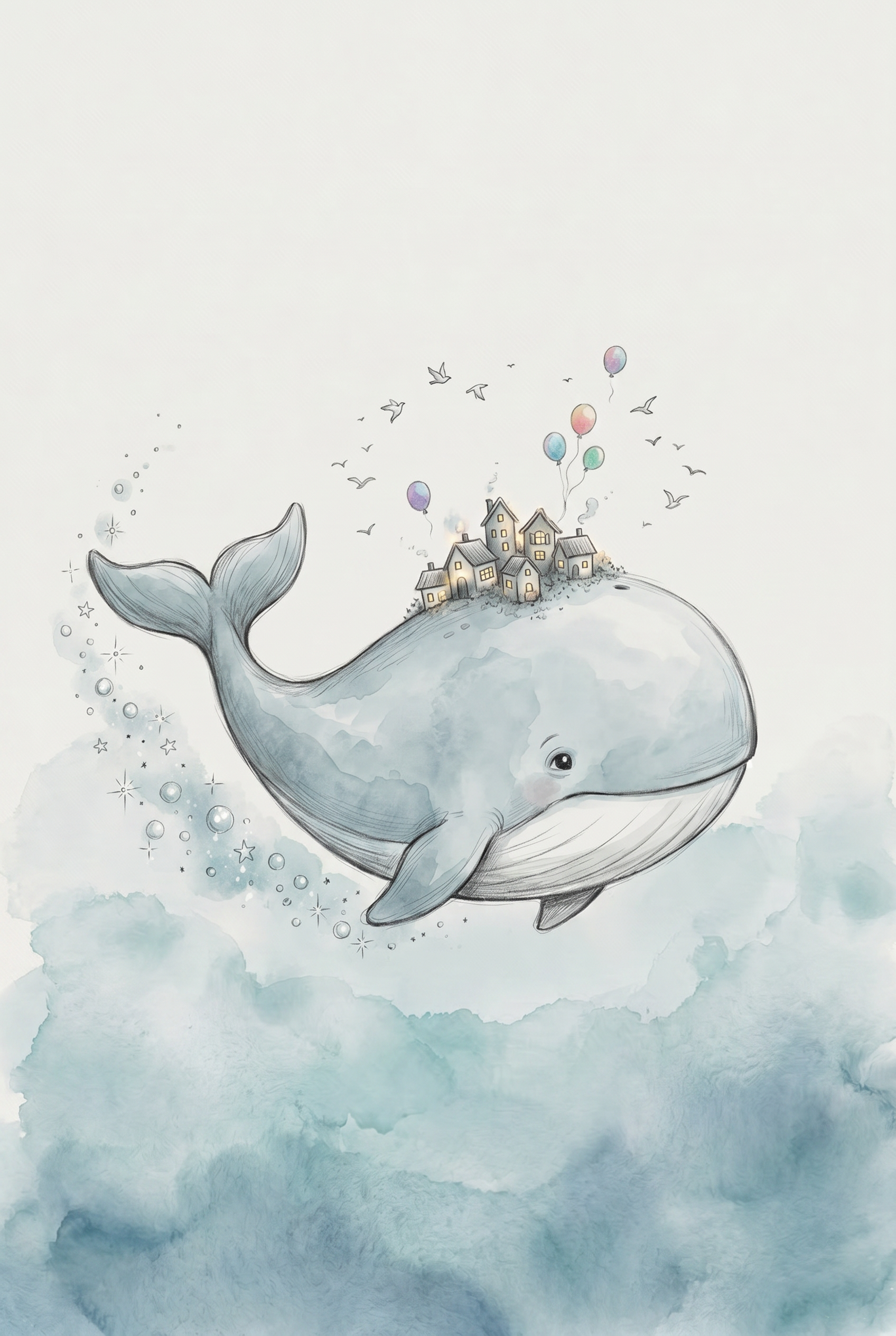 Watercolor Tiny Village Whale Wall Art - Whimsical Cloud Whale