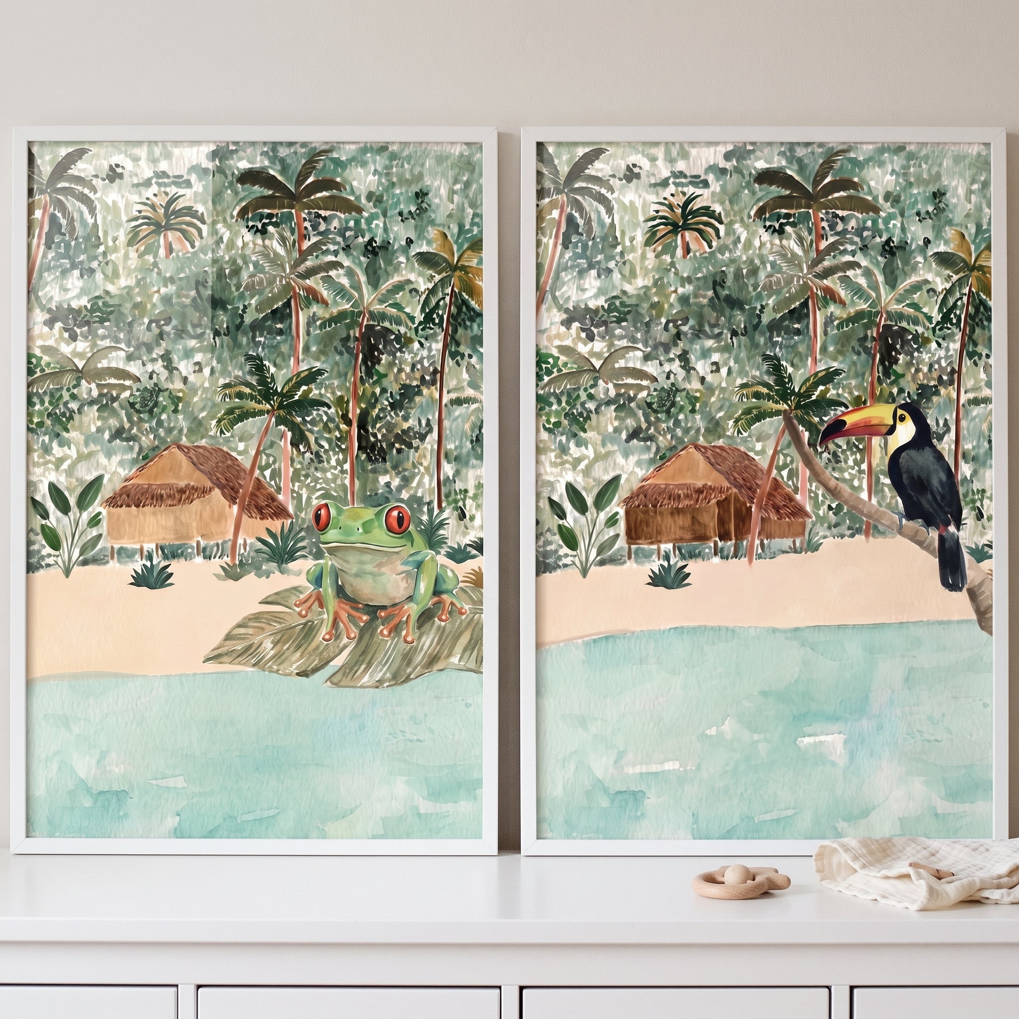 Watercolor Tropical Beach Animals Wall Art Set of 2 - Tropical Island Duo