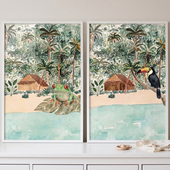 watercolor tropical beach animals wall art set of 2 featuring a red-eyed tree frog and a toucan in a jungle island scene.