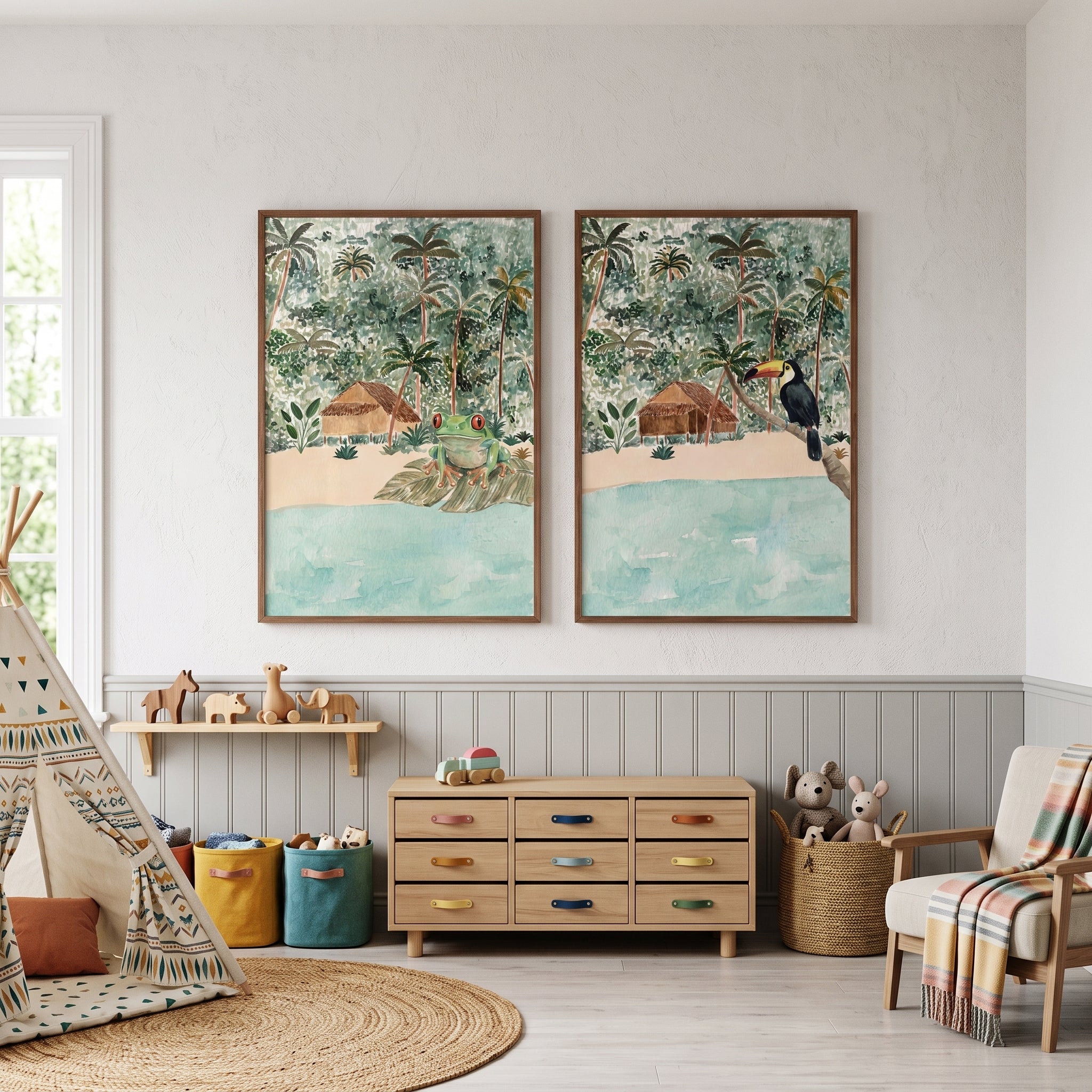 Watercolor Tropical Beach Animals Wall Art Set of 2 - Tropical Island Duo