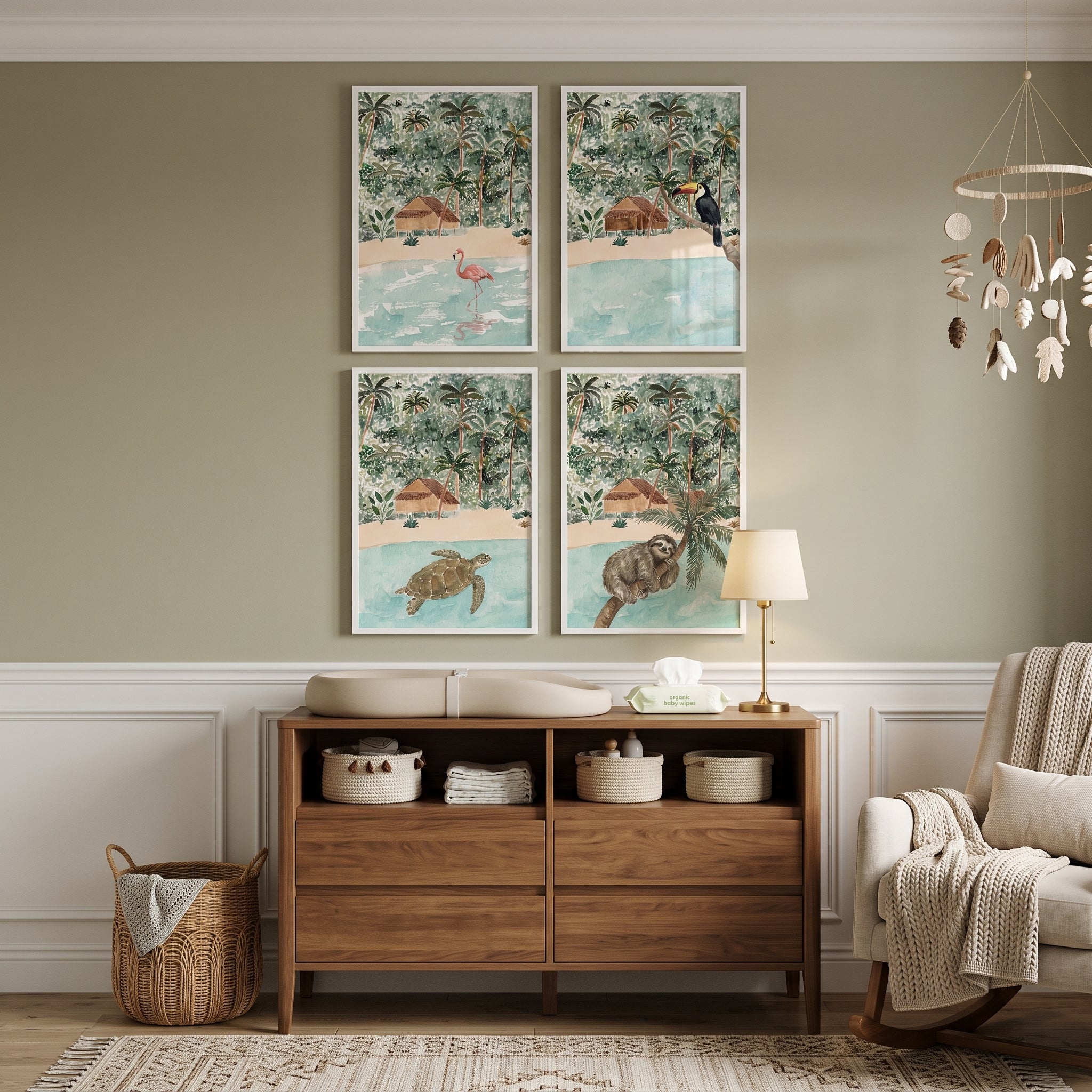 Watercolor Tropical Island Animals Wall Art Set of 4 - Serene Jungle Coast