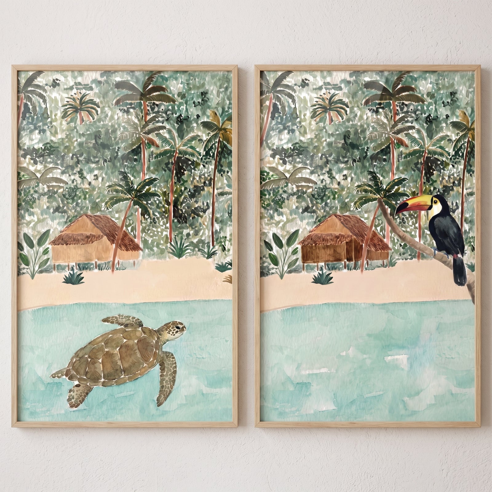 Watercolor tropical island landscape animals wall art set of 2 featuring a sea turtle and a toucan bird.