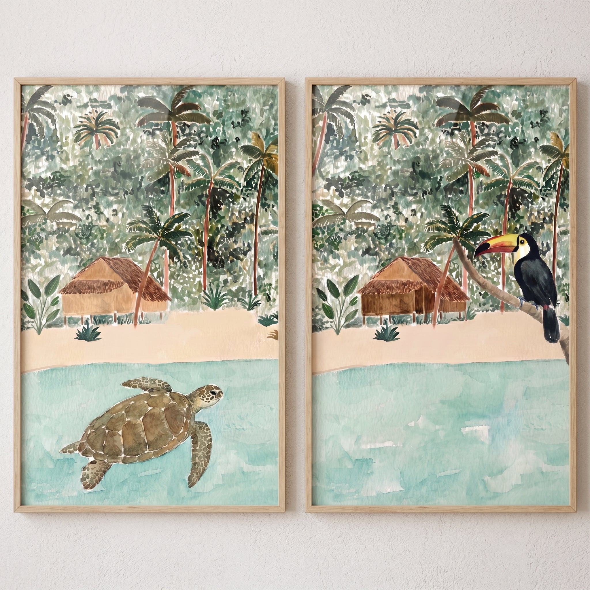 Watercolor Tropical Island Landscape Animals Wall Art Set of 2 - Exotic Nature Scenes