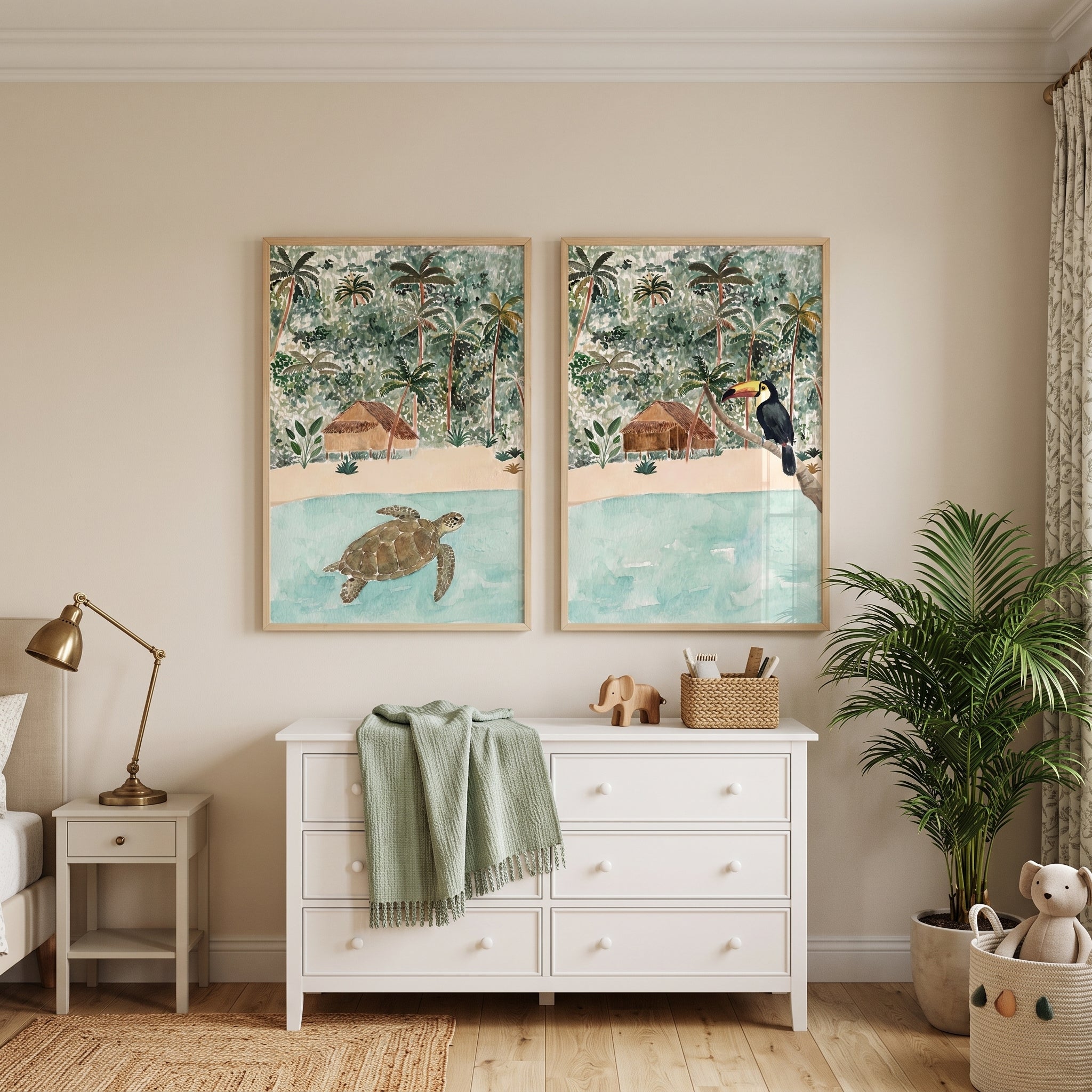 Watercolor Tropical Island Landscape Animals Wall Art Set of 2 - Exotic Nature Scenes