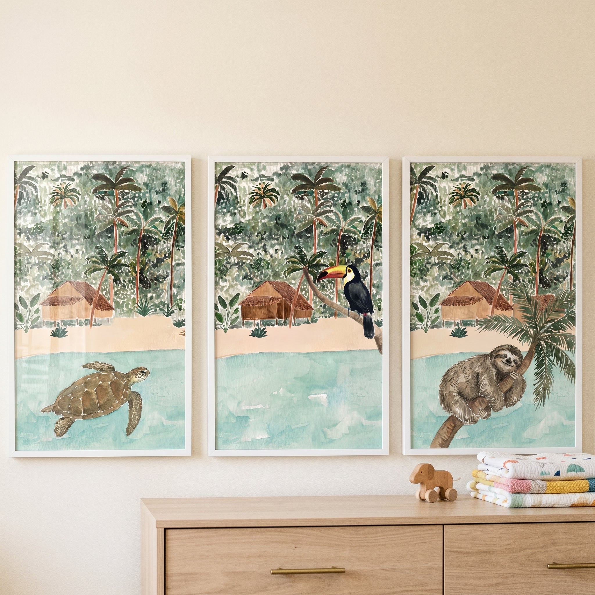 Watercolor Tropical Jungle Animals Wall Art Set of 3 - Tropical Island Life