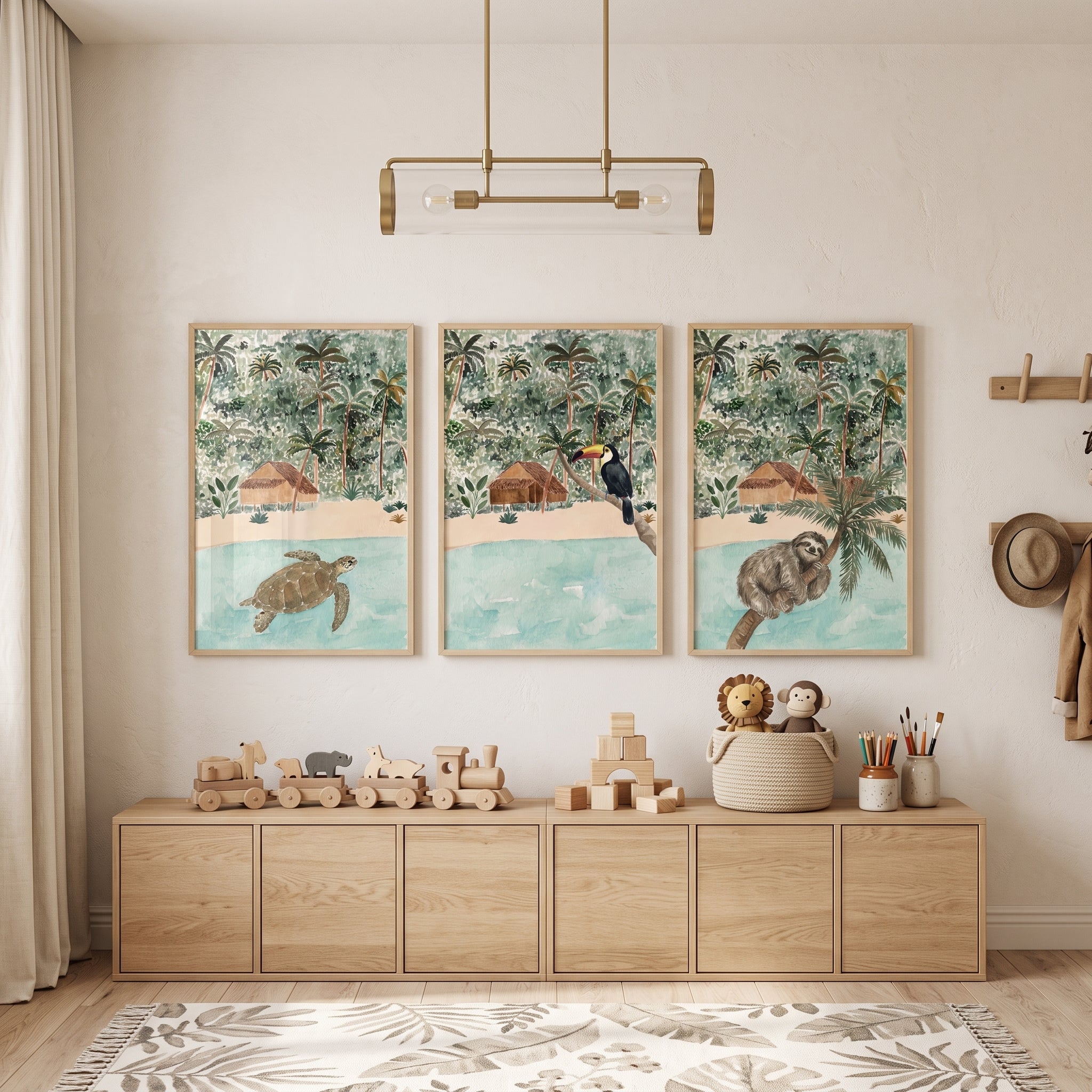 Watercolor Tropical Jungle Animals Wall Art Set of 3 - Tropical Island Life