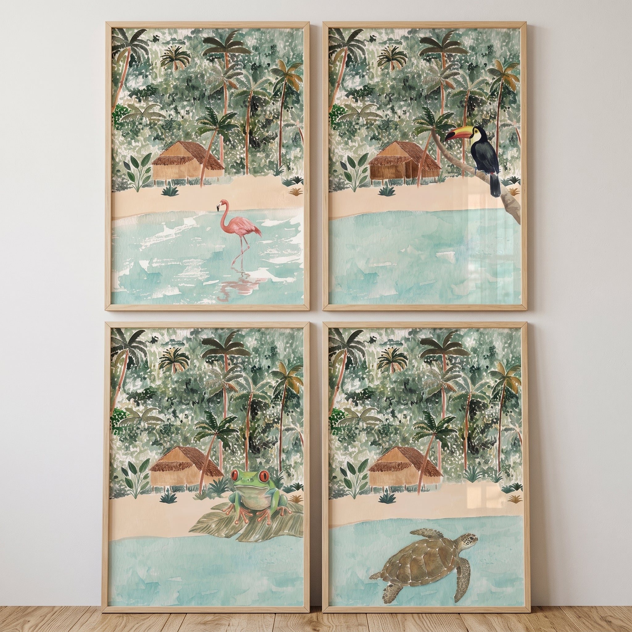 Watercolor Tropical Jungle Animals Wall Art Set of 4 - Tropical Island Friends