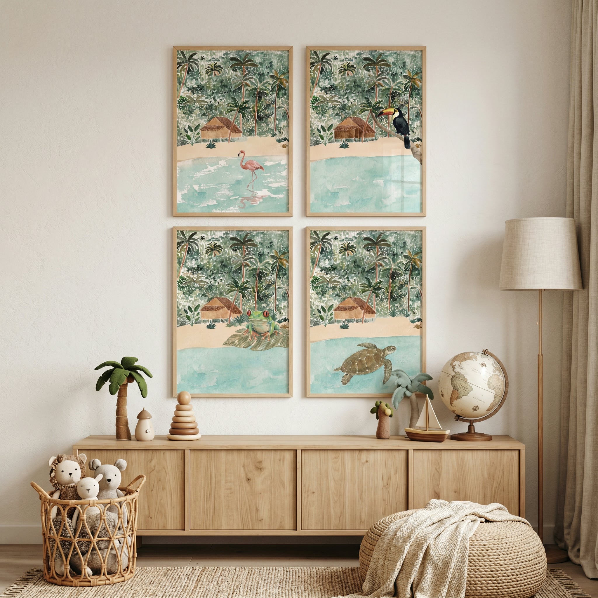 Watercolor Tropical Jungle Animals Wall Art Set of 4 - Tropical Island Friends