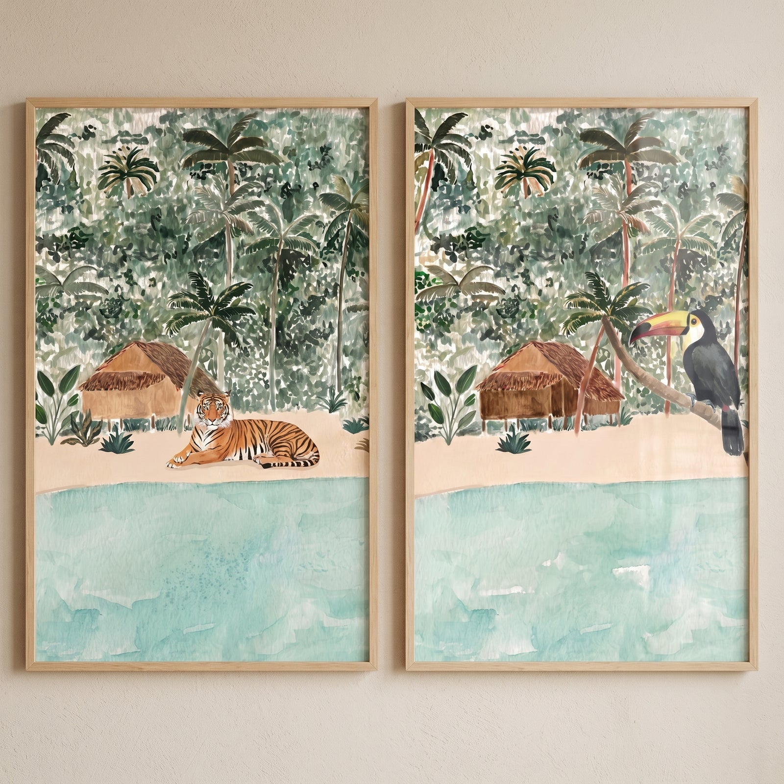 Watercolor tropical landscape jungle animals wall art set of 2 with a tiger, toucan, huts, and palm trees.