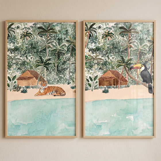 Watercolor tropical landscape jungle animals wall art set of 2 with a tiger, toucan, huts, and palm trees.