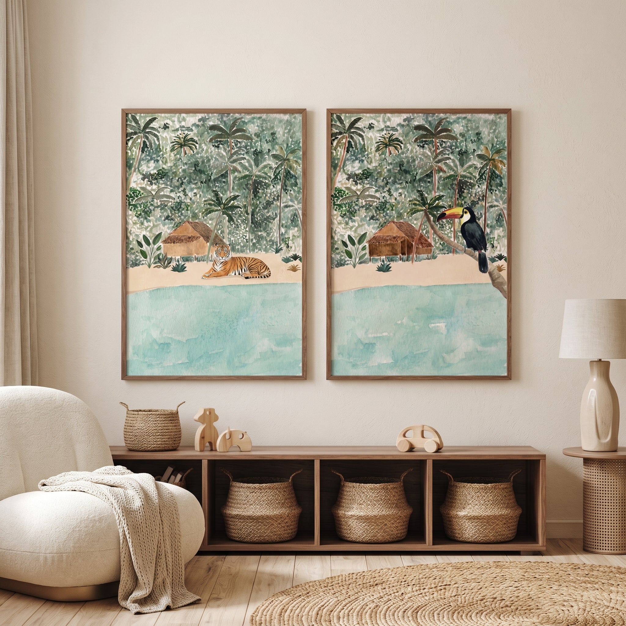Watercolor Tropical Landscape Jungle Animals Wall Art Set of 2 - Exotic Shore Life