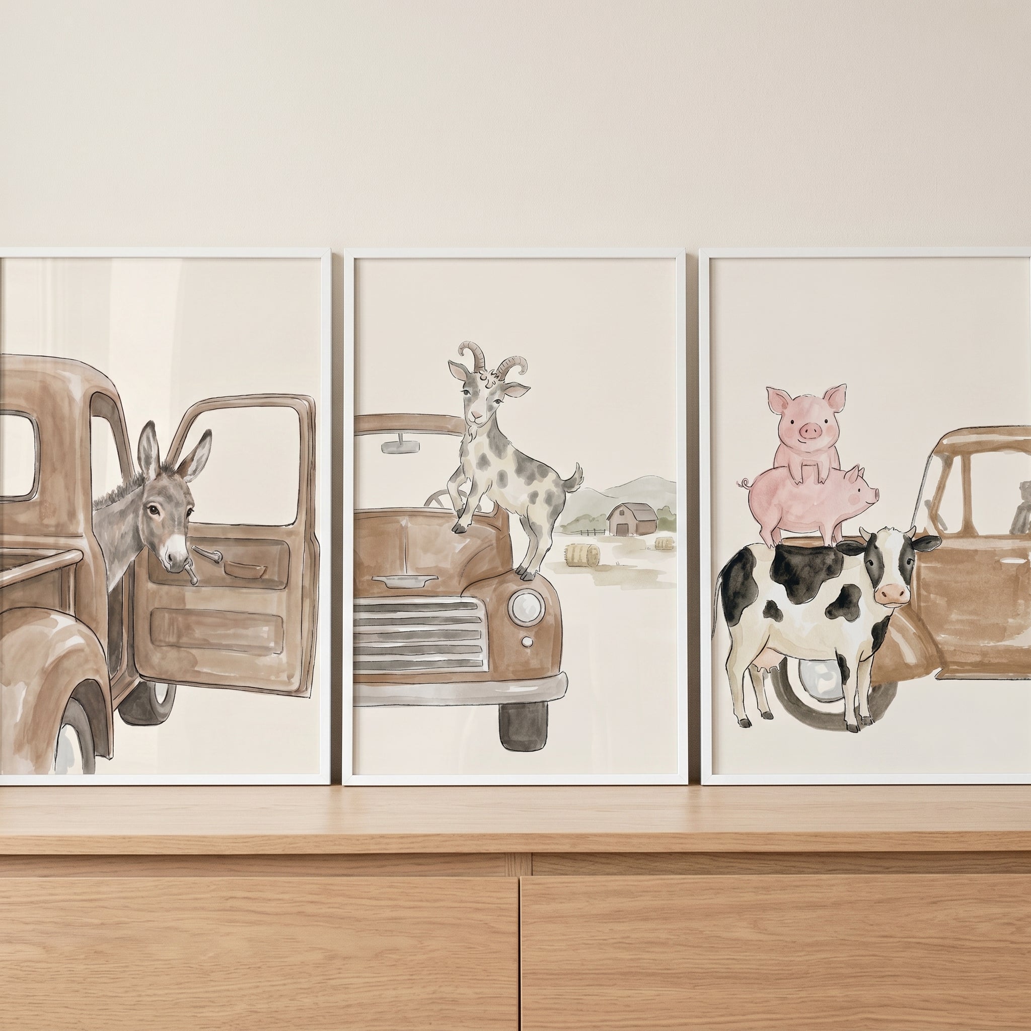 Watercolor Truck Farm Animal Wall Art Set of 3 - Rustic Barnyard Pals