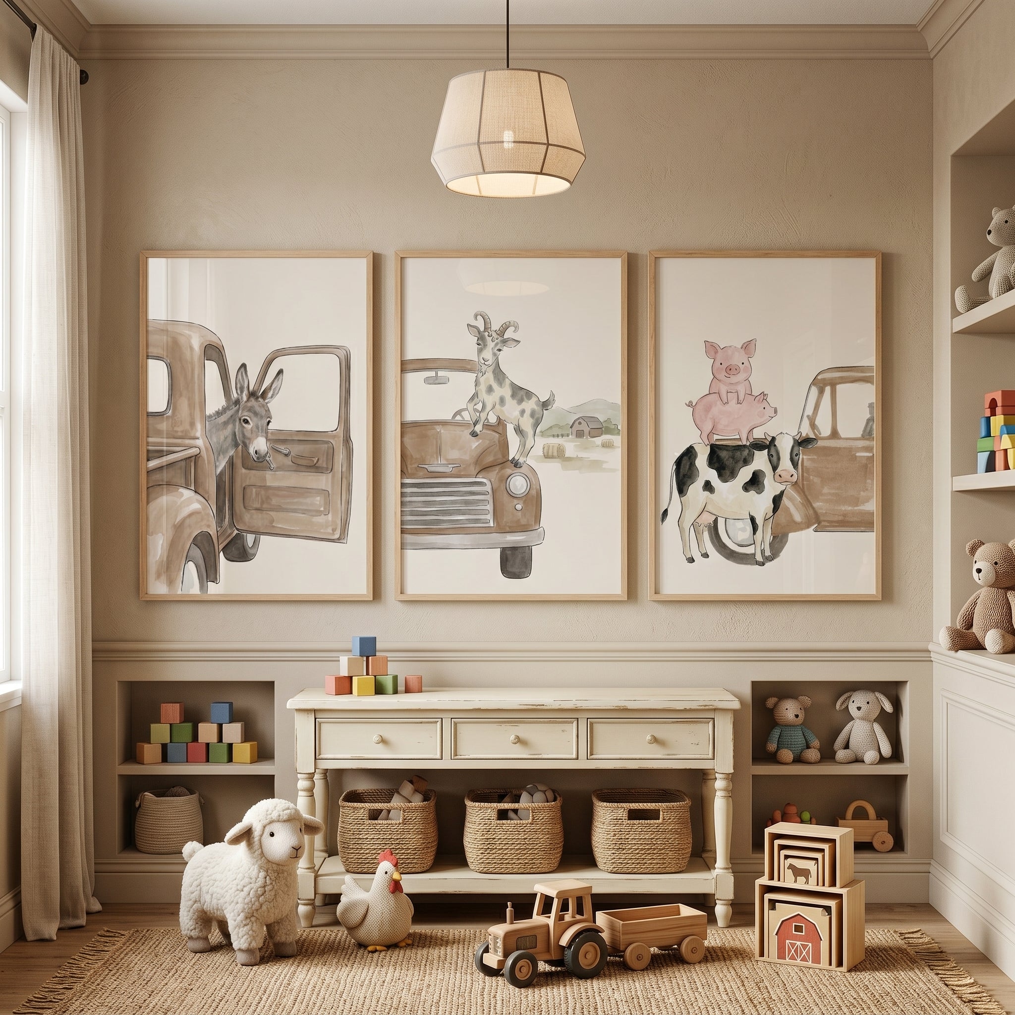 Watercolor Truck Farm Animal Wall Art Set of 3 - Rustic Barnyard Pals